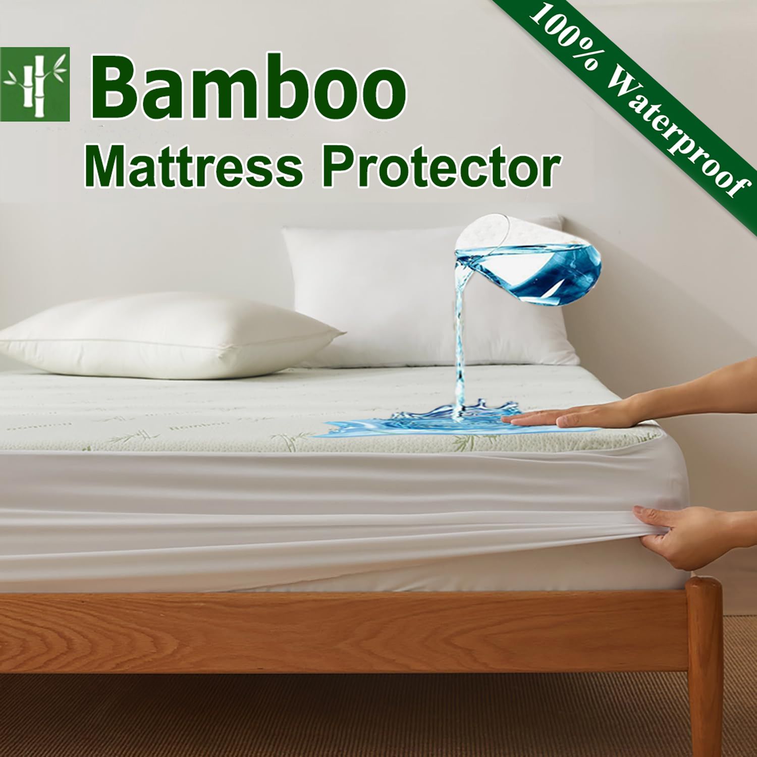 Bamboo Mattress Protector,Breathable Waterproof Mattress Cover,3D Air Fabric Cooling Bed Pad Cover, Deep Pocket 40cm(Super King,Green)