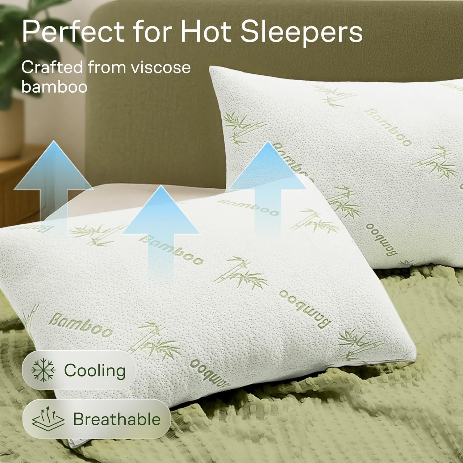 Waterproof Bamboo Pillow Protector Cover,100% Bug Water Proof Zippered Pillow Cases Standard/Queen Size ( 2 Pack,Green,48cm x 74cm)