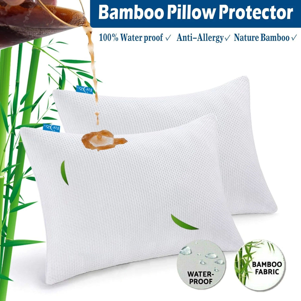 Waterproof Bamboo Pillow Protector Cover Queen, White