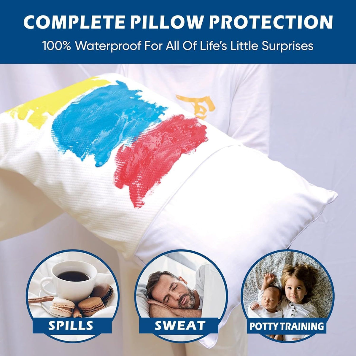 Waterproof Bamboo Pillow Protector Cover Queen, White