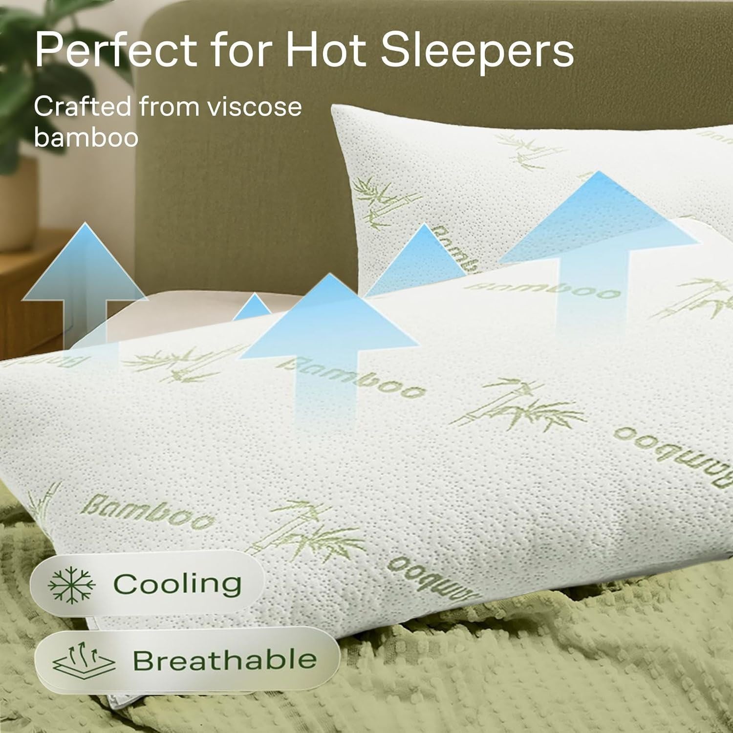 Waterproof Bamboo Pillow Protector Cover,100% Bug Water Proof Zippered Pillow Cases Standard/Queen Size ( 2 Pack,Green,48cm x 74cm)