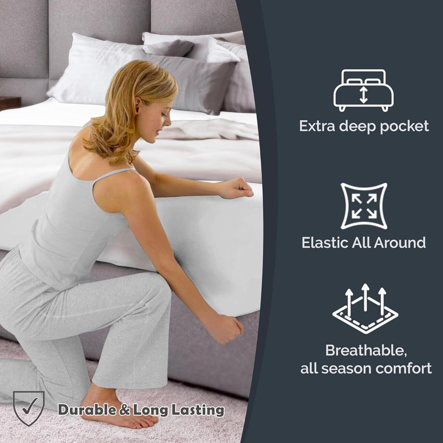Hotel Quality Fitted Sheet - 1 Piece Fitted Sheet  -Breathable Bedding - Wrinkle, Fade, Stain Resistant- 16inch/40cm Deep Pocket Fitted Bed Sheet-Wrinkle and Fade Resistant,(White,Queen)