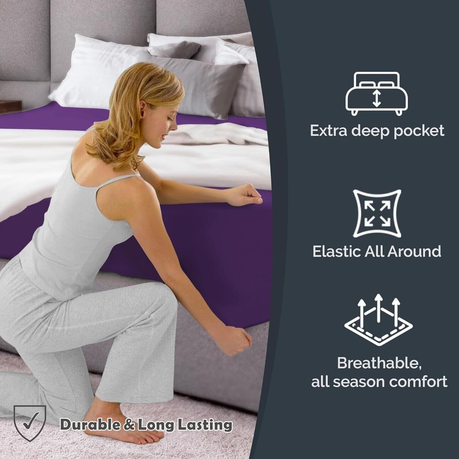 Hotel Quality Fitted Sheet - 1 Piece Fitted Sheet  -Breathable Bedding - Wrinkle, Fade, Stain Resistant- 16inch/40cm Deep Pocket Fitted Bed Sheet-Wrinkle and Fade Resistant,(Purple,Super King)