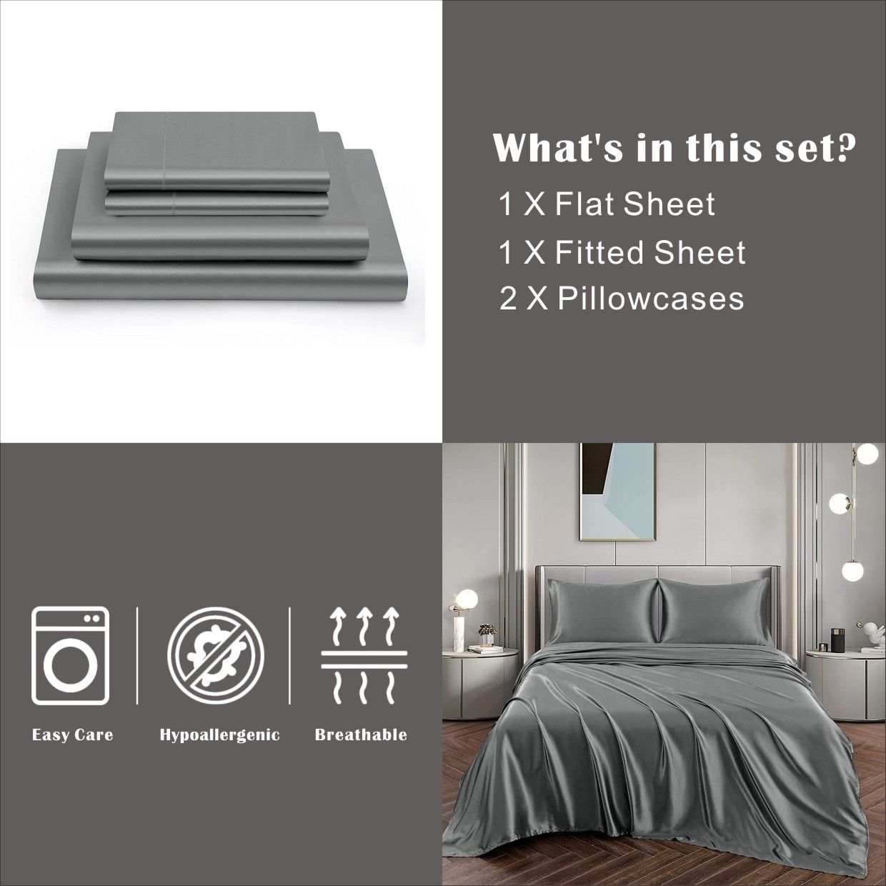 Art Silk Satin Sheet Set Hotel 4 Pieces Fitted/Flat Sheet Bedding Set-Luxury Soft Silky Sheets for Hair and Skin, Similar to Silk Bed Sheets Set 4 Pieces(King,Grey)