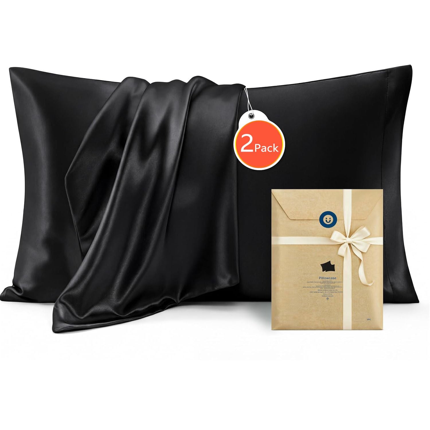 Silk Pillowcase for Hair and Skin Mulberry Silk Pillowcase Soft Breathable Smooth Both Sided Natural Silk Pillowcase with Envelope pocket Beauty Sleep Silk Pillow Case for Gift (2 Pack, Standard, Black)