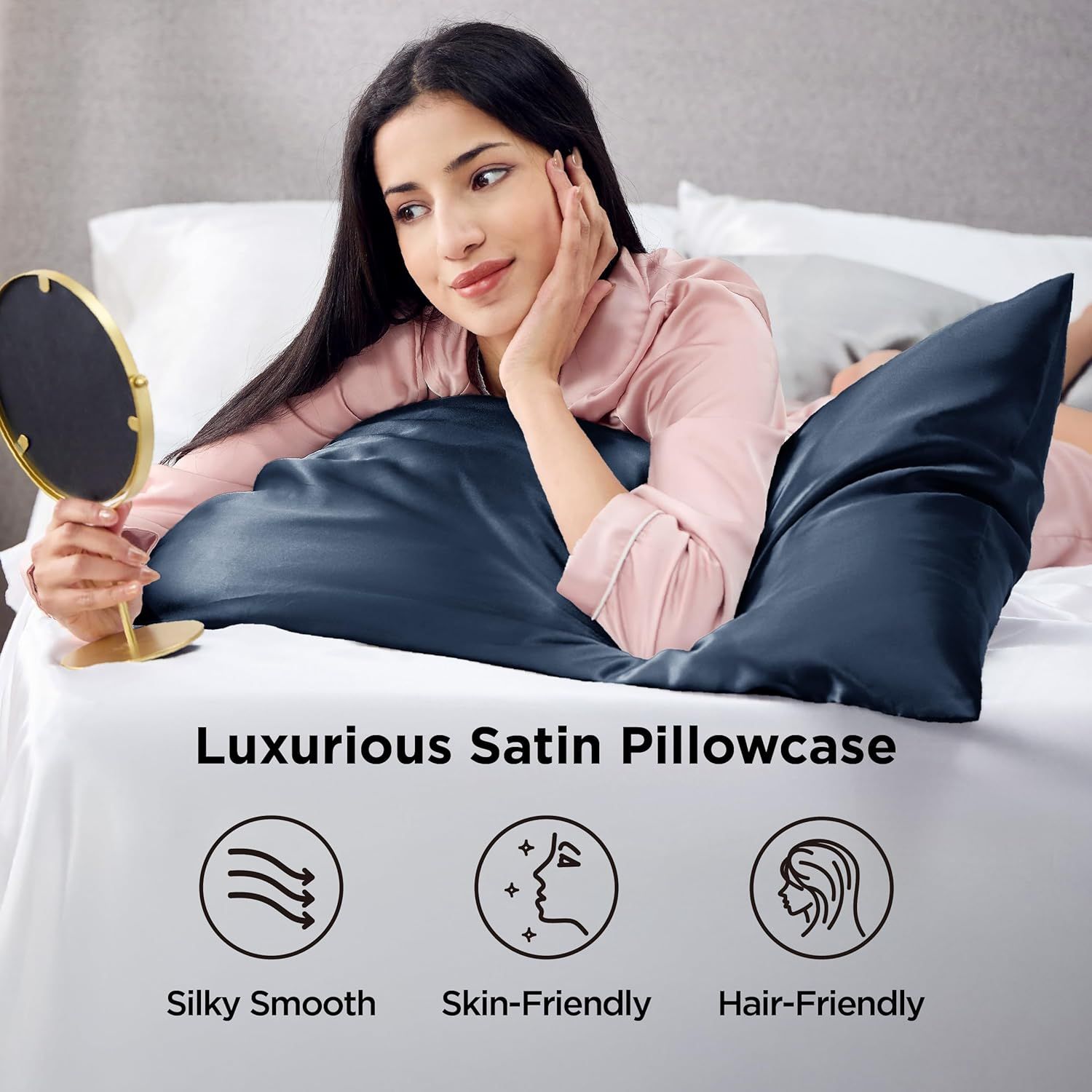Silk Pillowcase for Hair and Skin Mulberry Silk Pillowcase Soft Breathable Smooth Both Sided Natural Silk Pillowcase with Envelope pocket Beauty Sleep Silk Pillow Case for Gift (2 Pack, Standard, Navy)