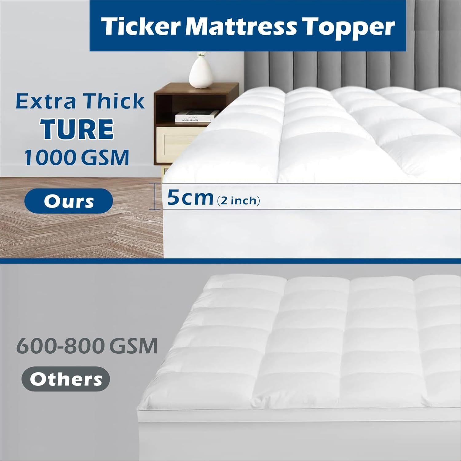 1000GSM Mattress Topper Viscose Derived from Bamboo, Thick Pillowtop Fitted Mattress Cover with 45cm Deep Skirt - Machine Washable Hypoallergenic(Queen,white)