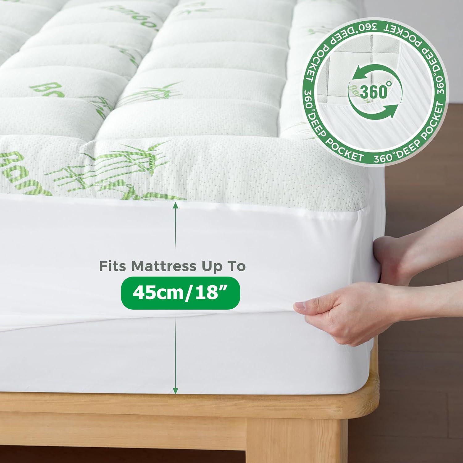 800GSM Mattress Topper Viscose Derived from Bamboo, Thick Pillowtop Fitted Mattress Cover with 45cm Deep Skirt - Machine Washable Hypoallergenicï¼ˆSingle,Greenï¼‰