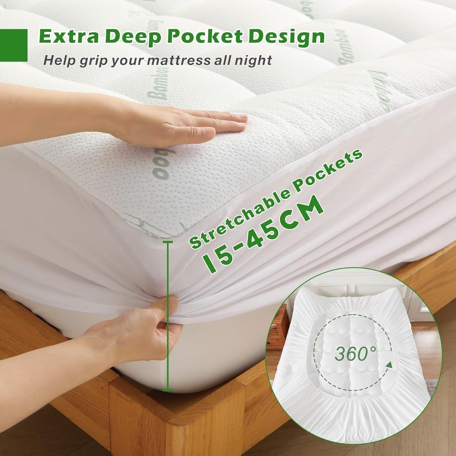800GSM Mattress Topper Viscose Derived from Bamboo, Thick Pillowtop Fitted Mattress Cover with 45cm Deep Skirt - Machine Washable Hypoallergenic(Super King,Green)