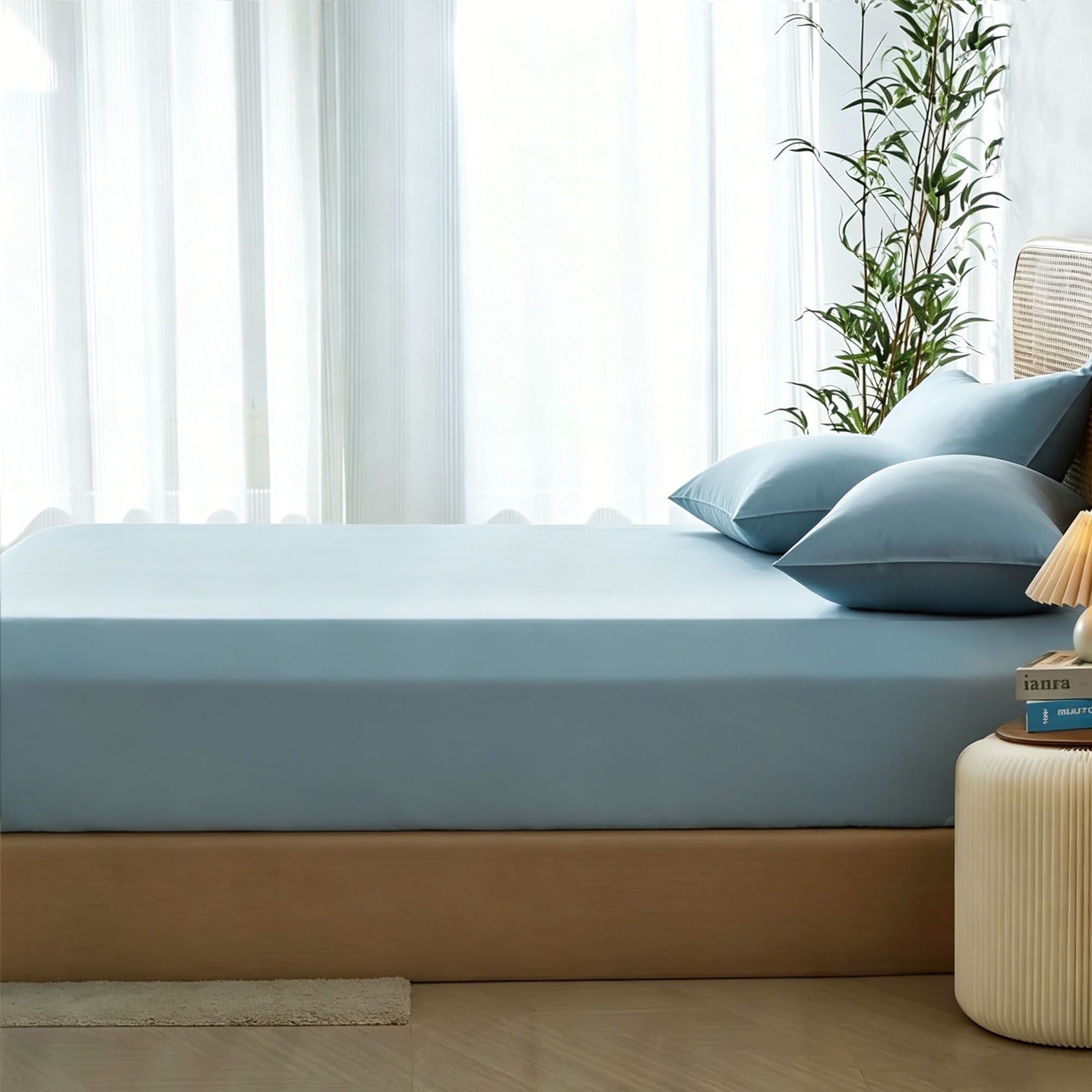 3 Piece Hotel Bamboo Cooling Fitted Sheet Set & Pillowcase -Ultra Soft 2000TC Breathable Fitted Bed Sheets Set with 37 Centimetre Deep Pocket-Cooling Sheets for Hot Sleepers(Sky Blue,Double)