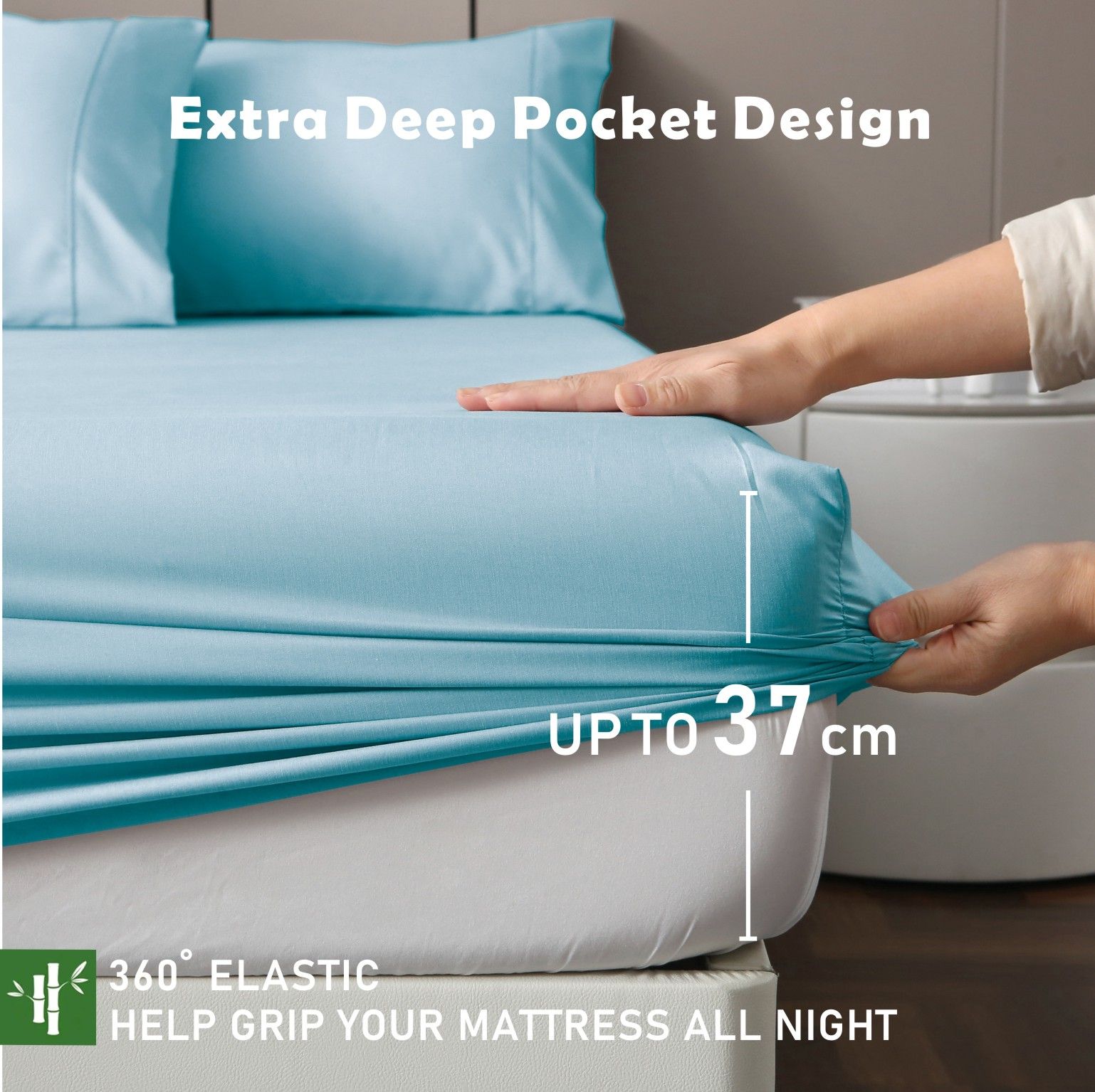 3 Piece Hotel Bamboo Cooling Fitted Sheet Set & Pillowcase -Ultra Soft 2000TC Breathable Fitted Bed Sheets Set with 37 Centimetre Deep Pocket-Cooling Sheets for Hot Sleepers(Sky Blue,Double)