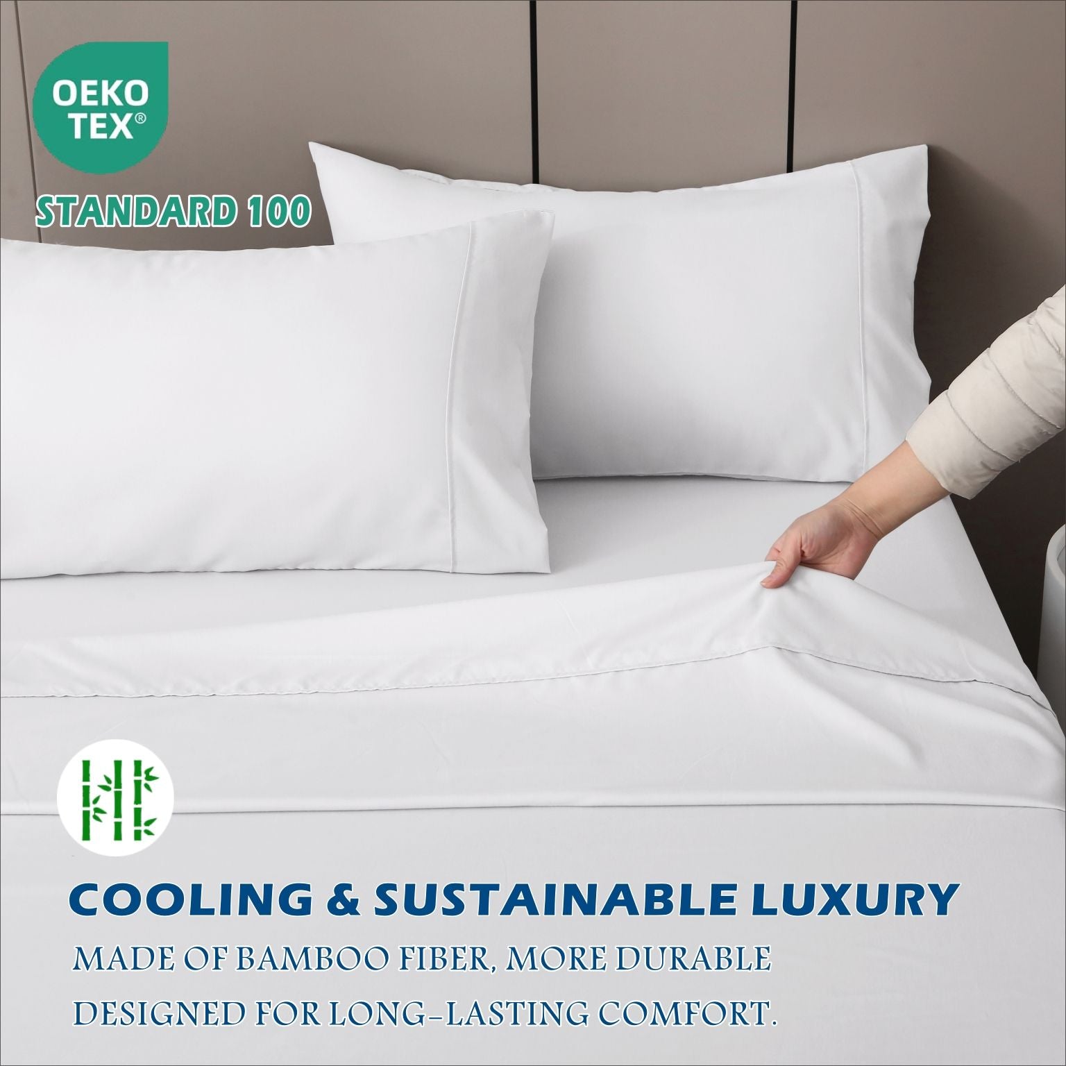 4 Piece Hotel Bamboo Cooling Sheet Set -Ultra Soft 2000TC Breathable Bed Sheets Set with 37 Centimetre Deep Pocket-Cooling Sheets for Hot Sleepers(White,Double)