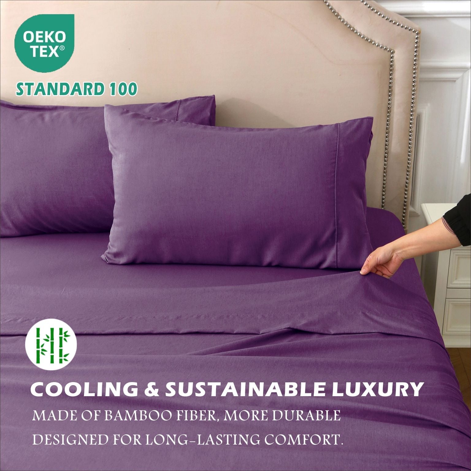 4 Piece Hotel Bamboo Cooling Sheet Set -Ultra Soft 2000TC Breathable Bed Sheets Set with 37 Centimetre Deep Pocket-Cooling Sheets for Hot Sleepers(Purple,Double)