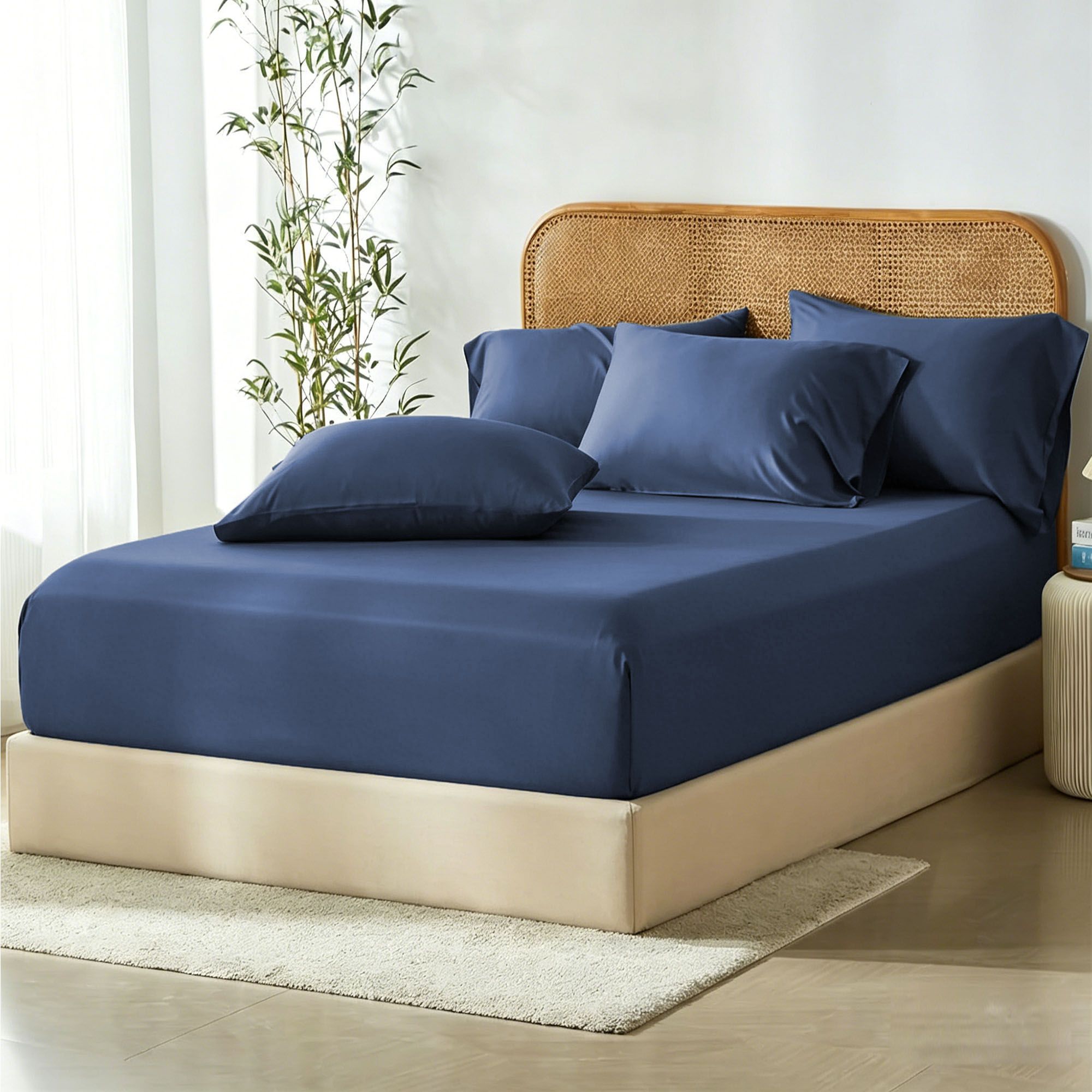 2 Piece Hotel Bamboo Cooling Fitted Sheet Set & Pillowcase -Ultra Soft 2000TC Breathable Fitted Bed Sheets Set with 37 Centimetre Deep Pocket-Cooling Sheets for Hot Sleepers(Navy,King Single)