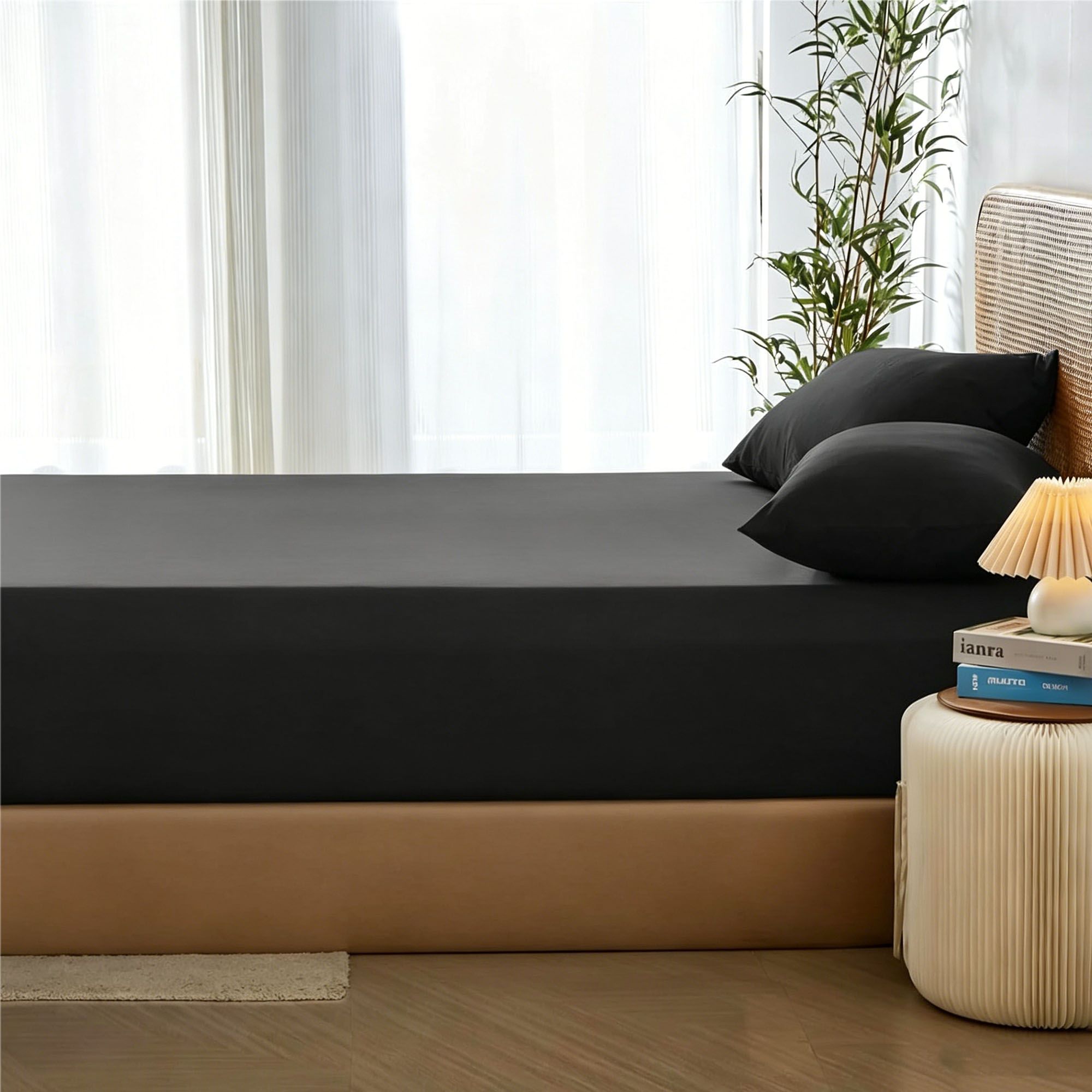 3 Piece Hotel Bamboo Cooling Fitted Sheet Set & Pillowcase -Ultra Soft 2000TC Breathable Fitted Bed Sheets Set with 37 Centimetre Deep Pocket-Cooling Sheets for Hot Sleepers(Black,Queen)