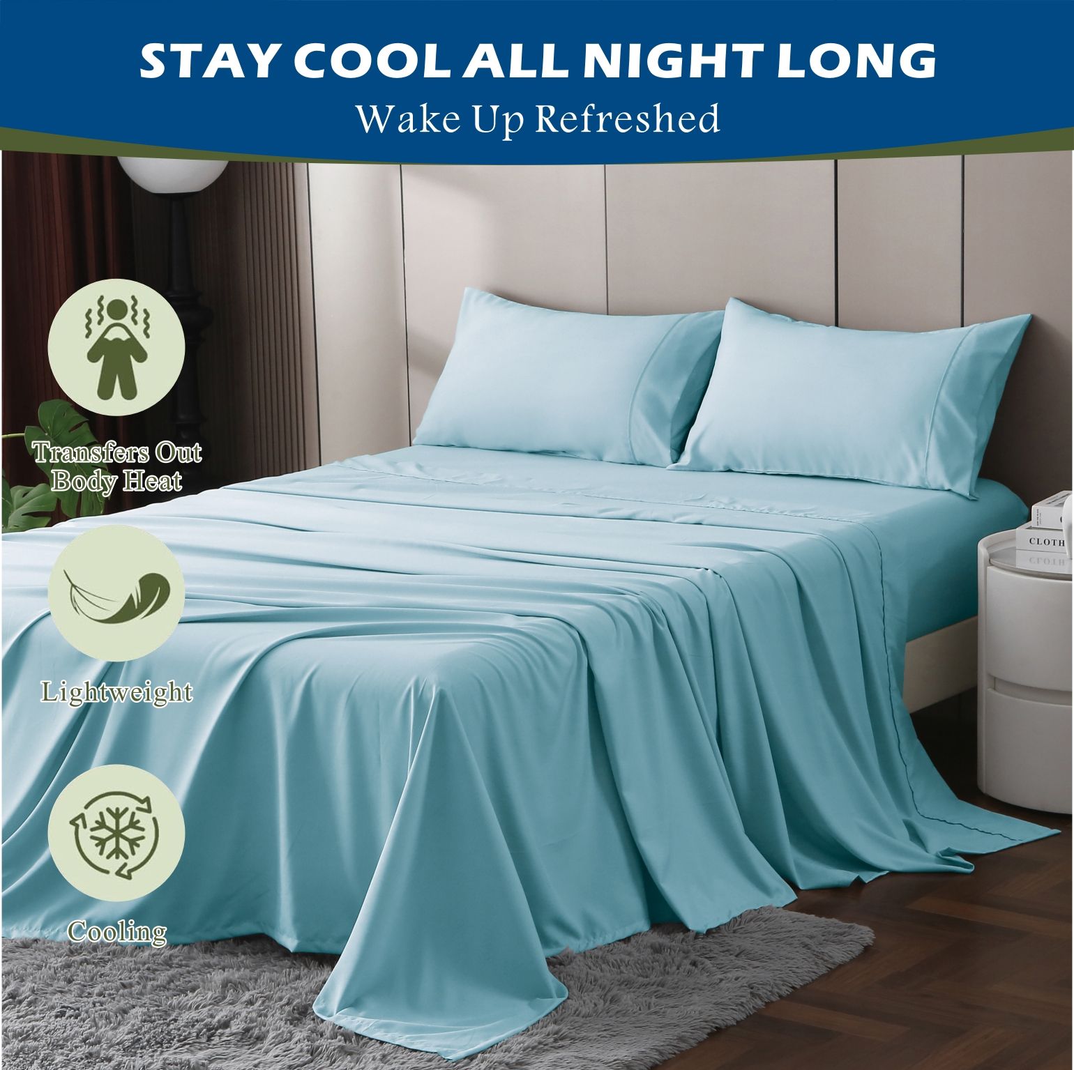 4 Piece Hotel Bamboo Cooling Sheet Set -Ultra Soft 2000TC Breathable Bed Sheets Set with 37 Centimetre Deep Pocket-Cooling Sheets for Hot Sleepers(Sky Blue,Queen)