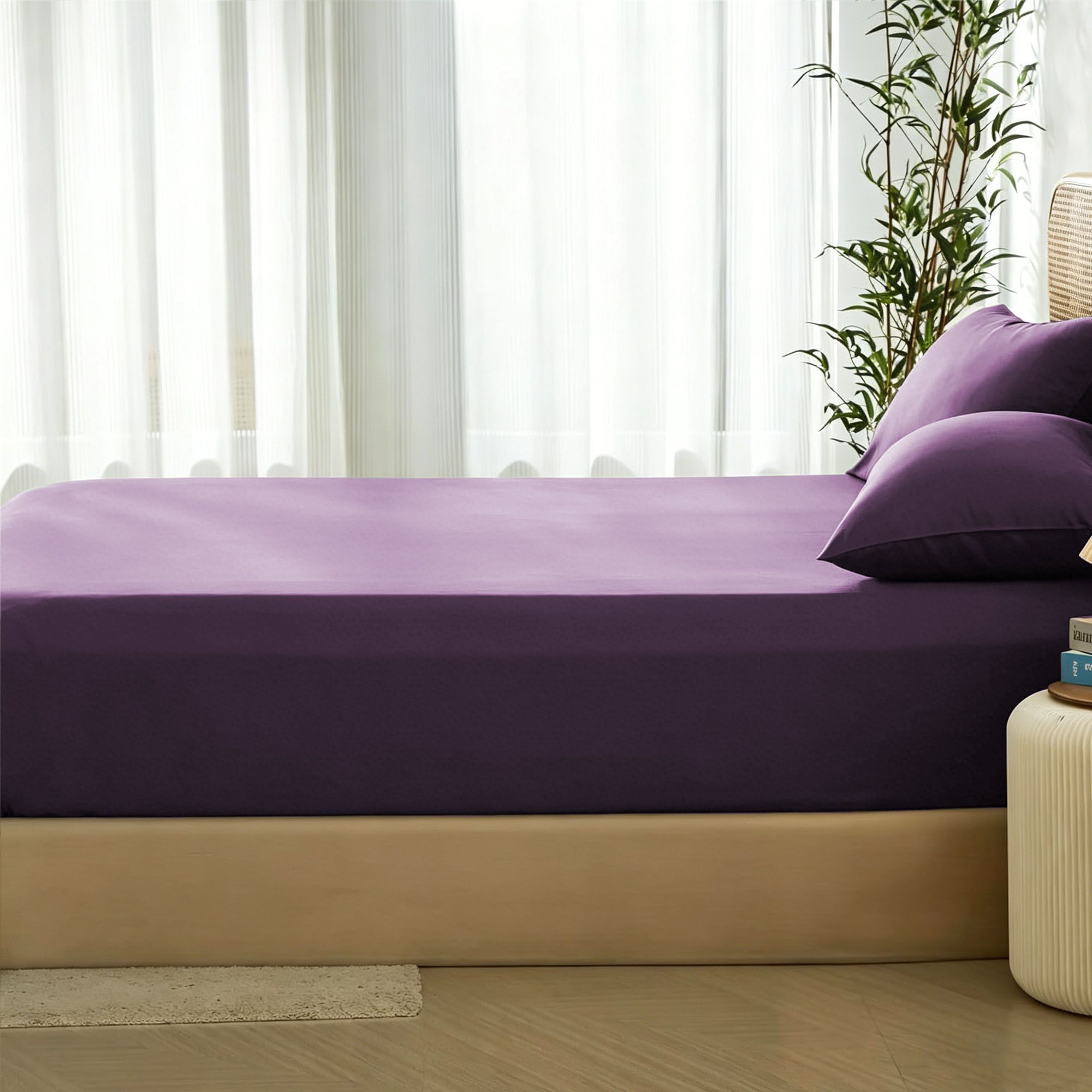 3 Piece Hotel Bamboo Cooling Fitted Sheet Set & Pillowcase -Ultra Soft 2000TC Breathable Fitted Bed Sheets Set with 37 Centimetre Deep Pocket-Cooling Sheets for Hot Sleepers(Purple,Super King)