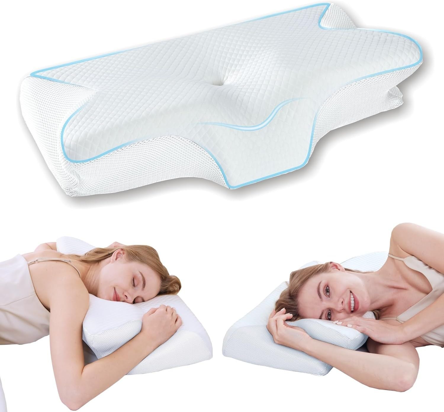 Bamboo Cervical Pillow for Neck and Shoulder Pain Relief Ergonomic Bed Pillow, Cooling Ergonomic Memory Foam Pillow Butterfly Shape for Side Back Stomach Sleeping Use with Breathable Cooling Pillowcase