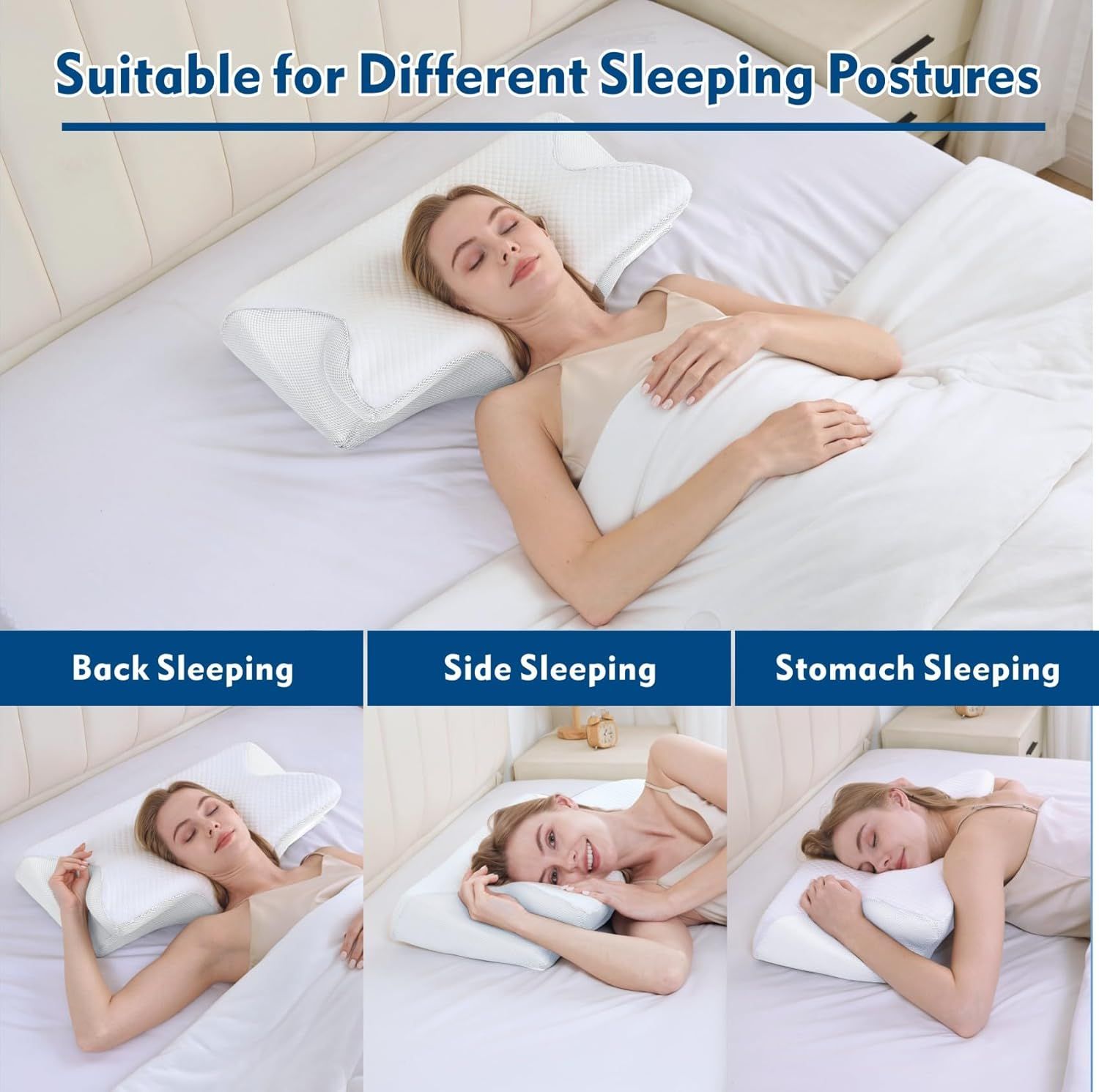 Bamboo Cervical Pillow for Neck and Shoulder Pain Relief Ergonomic Bed Pillow, Cooling Ergonomic Memory Foam Pillow Butterfly Shape for Side Back Stomach Sleeping Use with Breathable Cooling Pillowcase