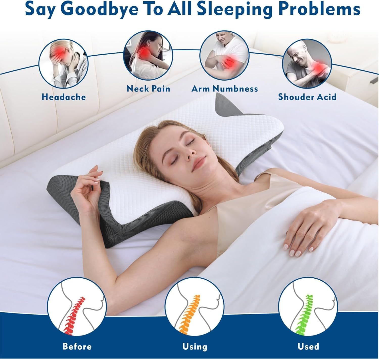 Bamboo Cervical Pillow for Neck and Shoulder Pain Relief Ergonomic Bed Pillow, Cooling Ergonomic Memory Foam Pillow Butterfly Shape for Side Back Stomach Sleeping Use with Breathable Cooling Pillowcase