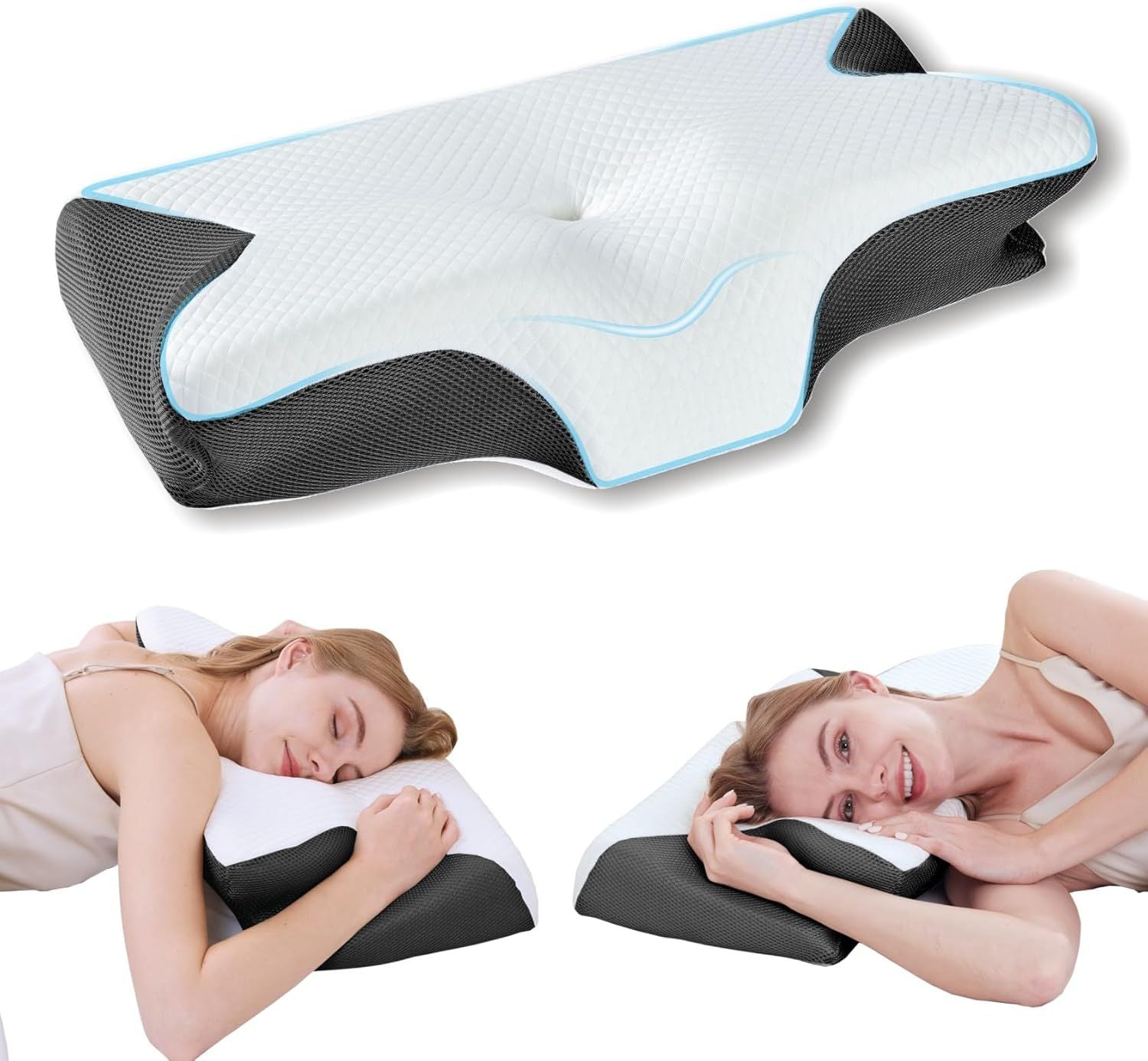 Bamboo Cervical Pillow for Neck and Shoulder Pain Relief Ergonomic Bed Pillow, Cooling Ergonomic Memory Foam Pillow Butterfly Shape for Side Back Stomach Sleeping Use with Breathable Cooling Pillowcase