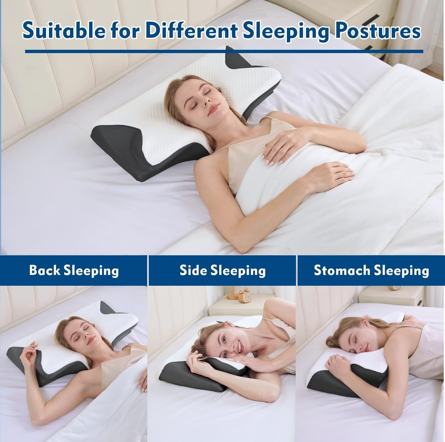 Bamboo Cervical Pillow for Neck and Shoulder Pain Relief Ergonomic Bed Pillow, Cooling Ergonomic Memory Foam Pillow Butterfly Shape for Side Back Stomach Sleeping Use with Breathable Cooling Pillowcase