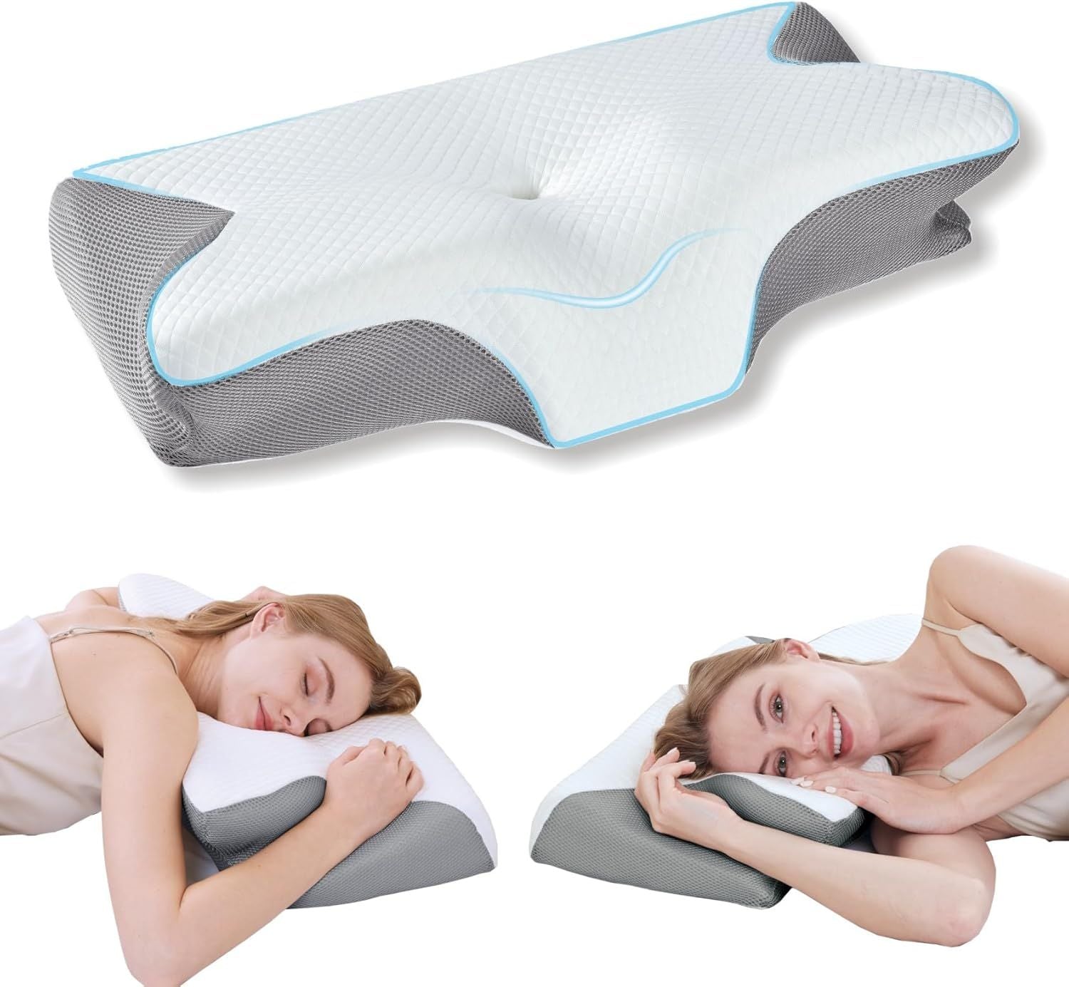 Bamboo Cervical Pillow for Neck and Shoulder Pain Relief Ergonomic Bed Pillow, Cooling Ergonomic Memory Foam Pillow Butterfly Shape for Side Back Stomach Sleeping Use with Breathable Cooling Pillowcase