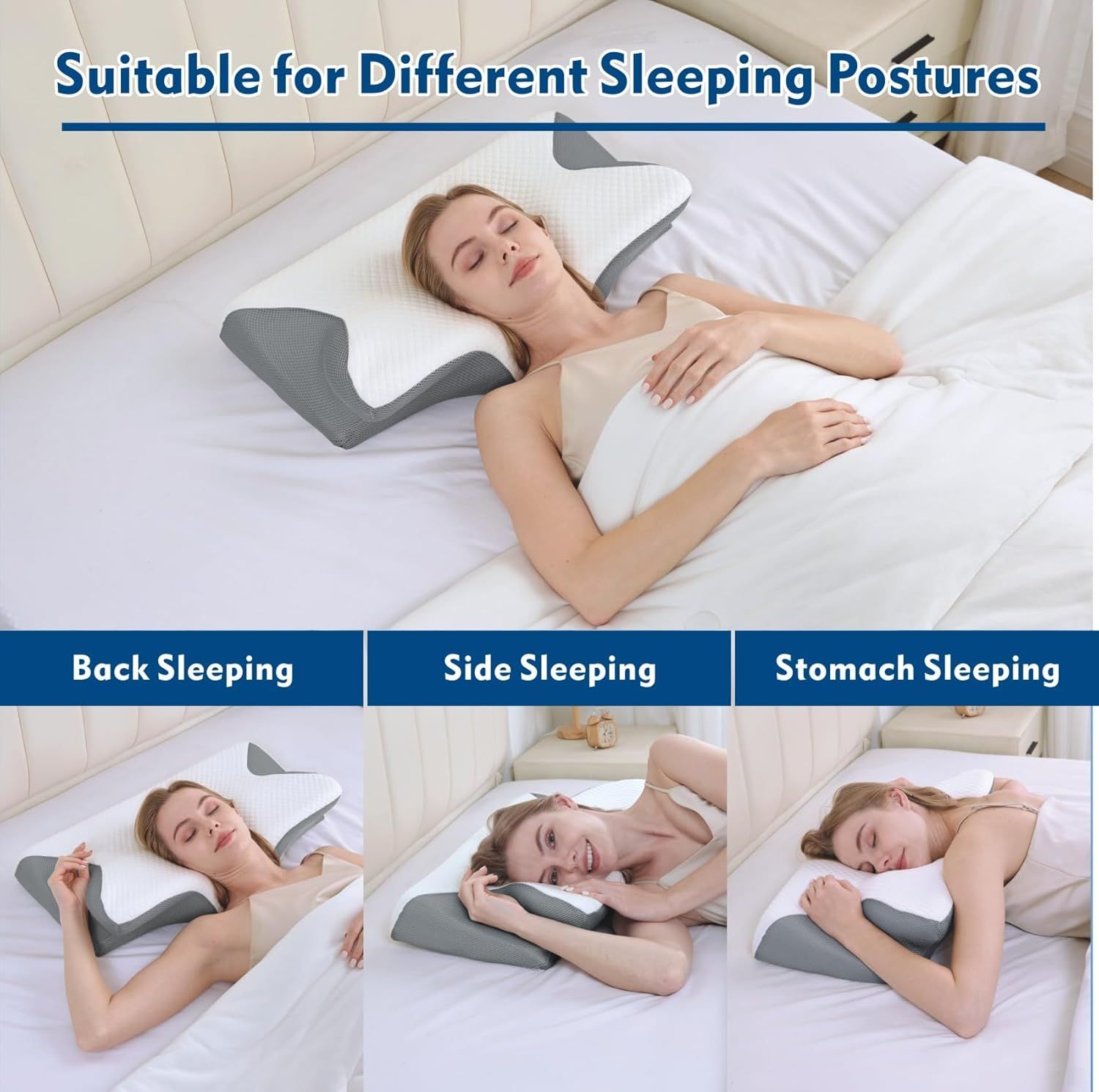 Bamboo Cervical Pillow for Neck and Shoulder Pain Relief Ergonomic Bed Pillow, Cooling Ergonomic Memory Foam Pillow Butterfly Shape for Side Back Stomach Sleeping Use with Breathable Cooling Pillowcase