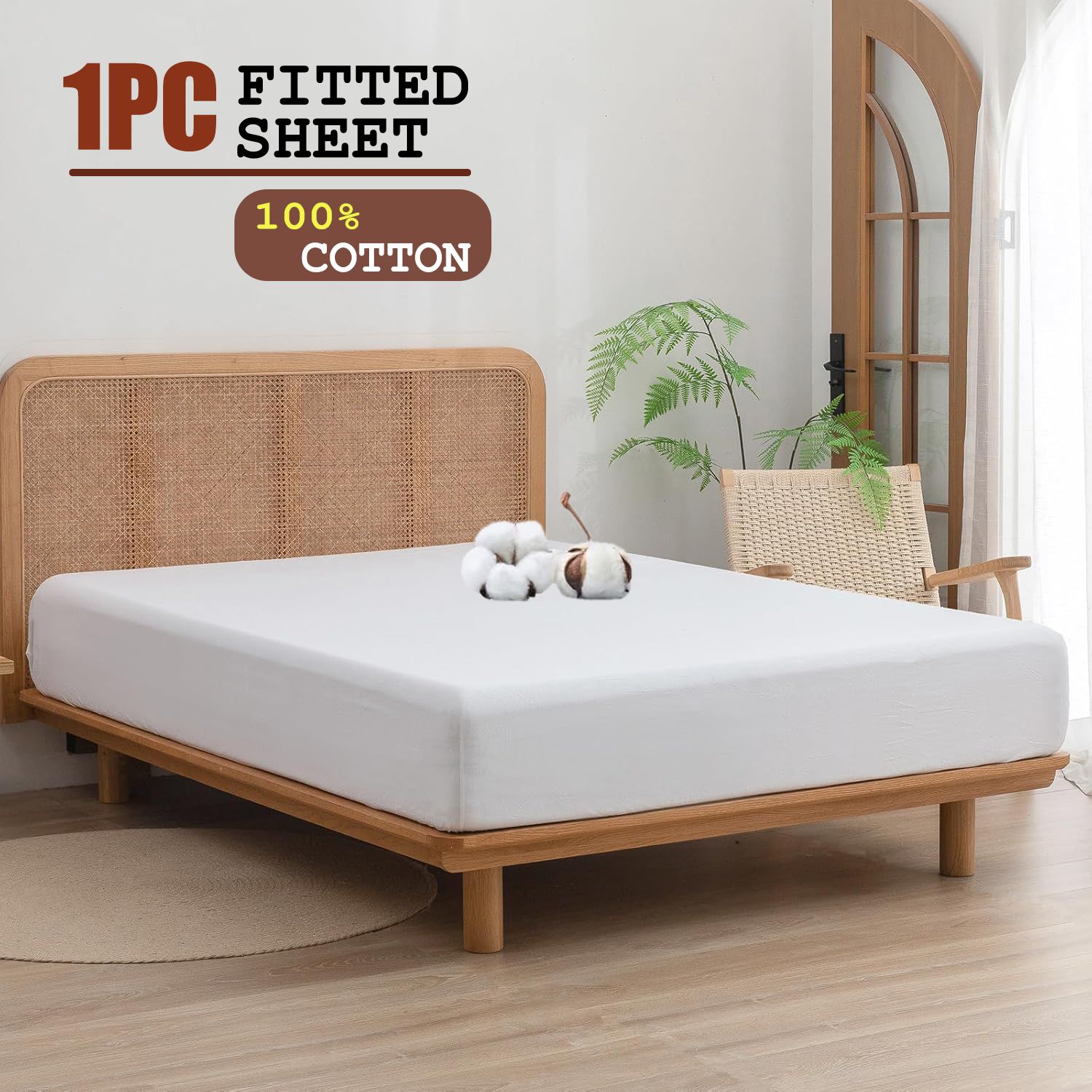 100% Cotton Fitted Sheet - Super Soft 40cm Deep Pocket Bottom Sheets - White Elastic Sheet（King,White)