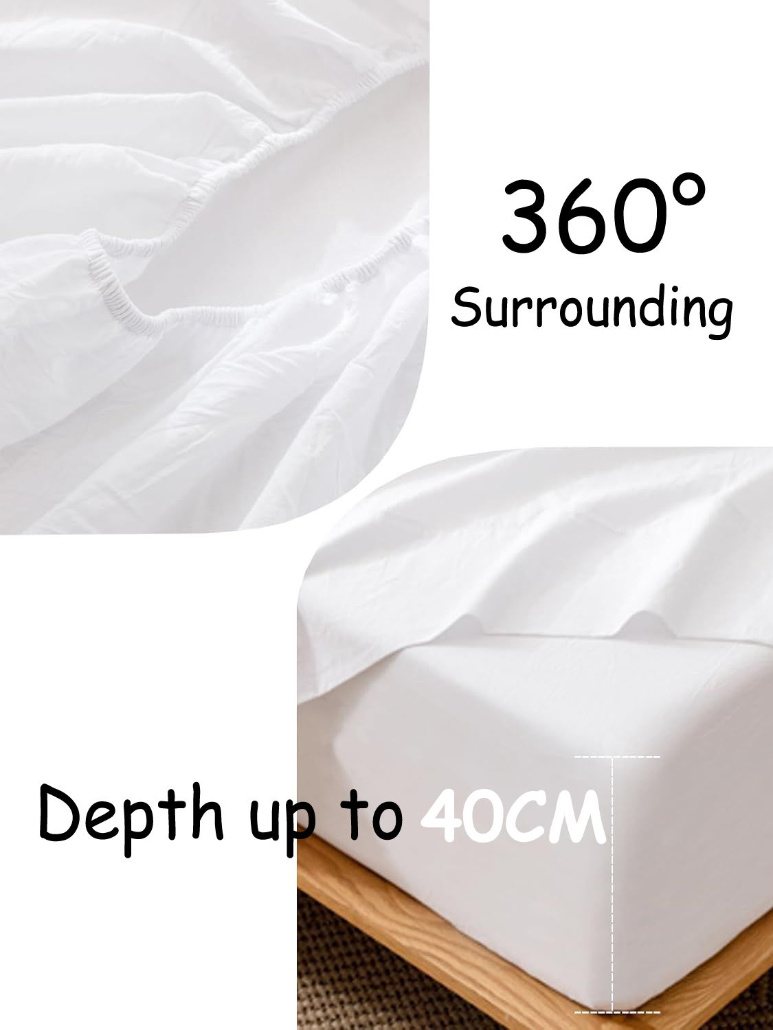 100% Cotton Fitted Sheet - Super Soft 40cm Deep Pocket Bottom Sheets - White Elastic Sheet（King,White)