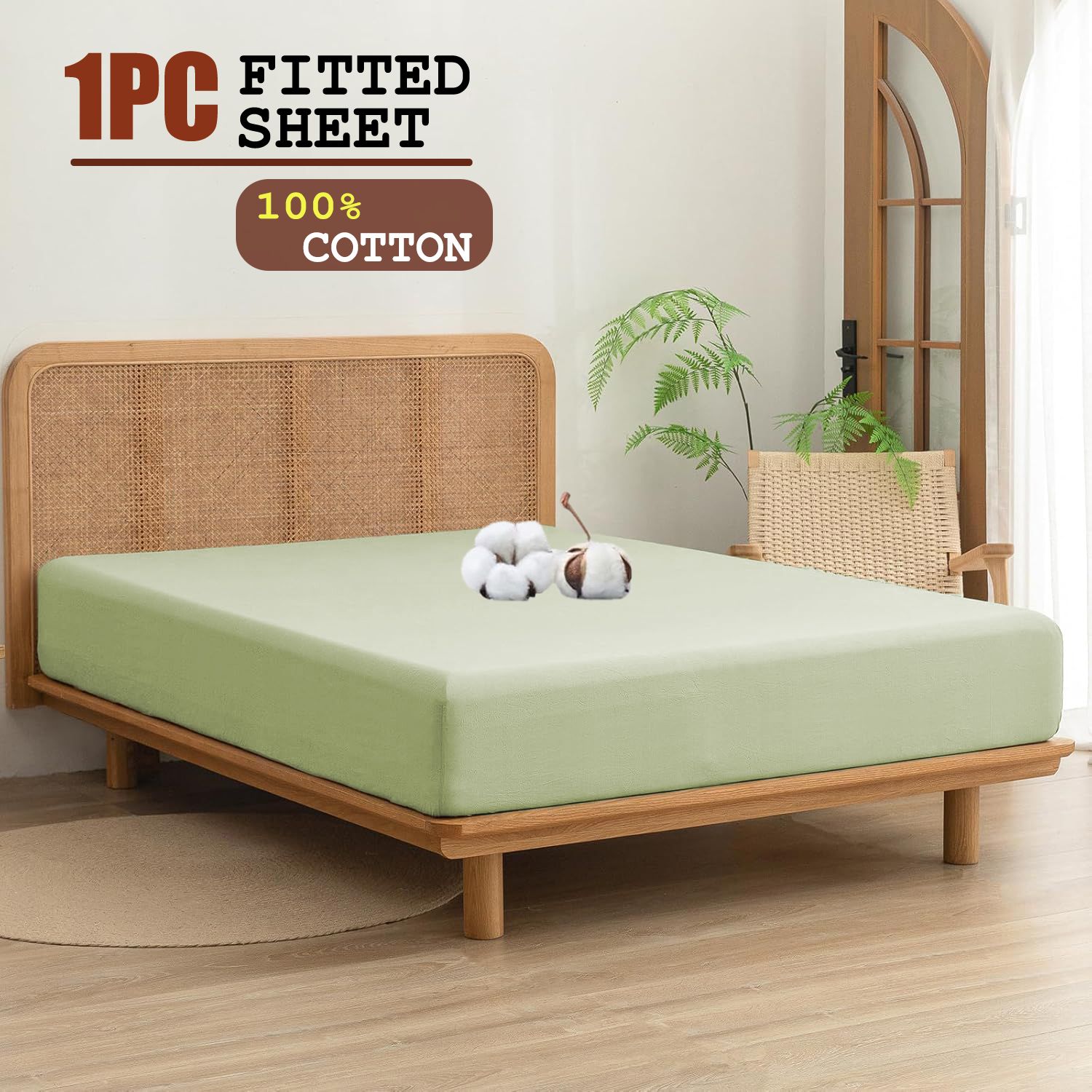 100% Cotton Fitted Sheet - Super Soft 40cm Deep Pocket Bottom Sheets - White Elastic Sheet（King,Green beans)
