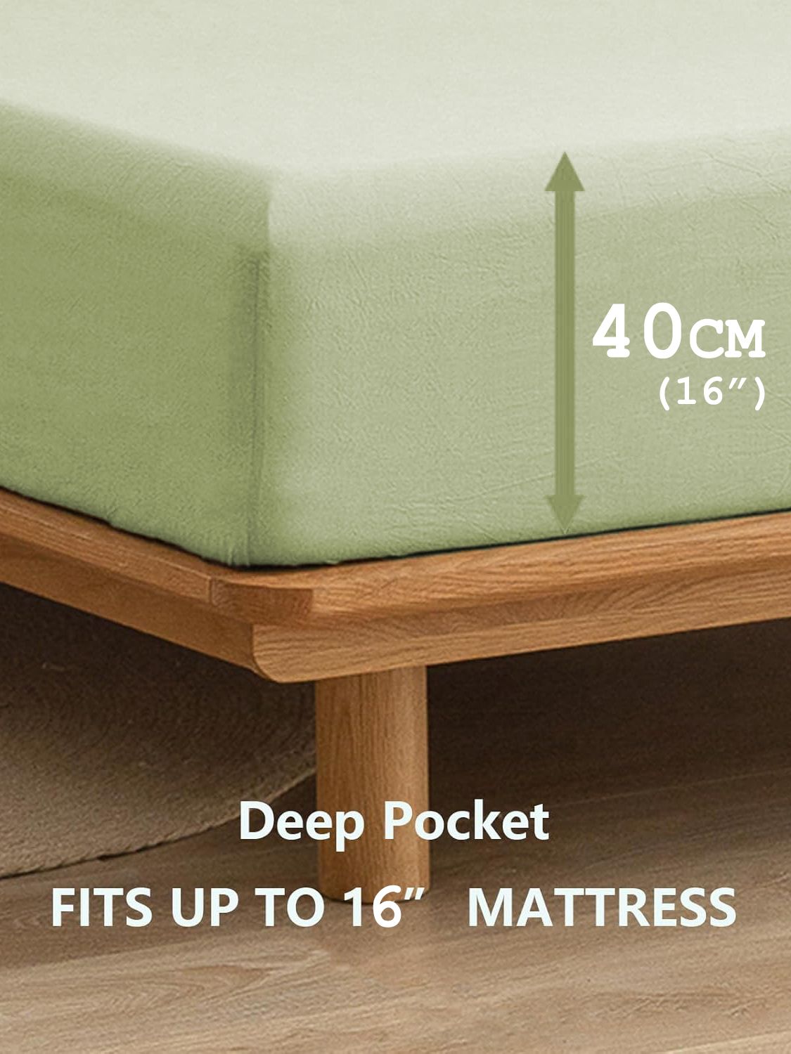 100% Cotton Fitted Sheet - Super Soft 40cm Deep Pocket Bottom Sheets - White Elastic Sheet（King,Green beans)