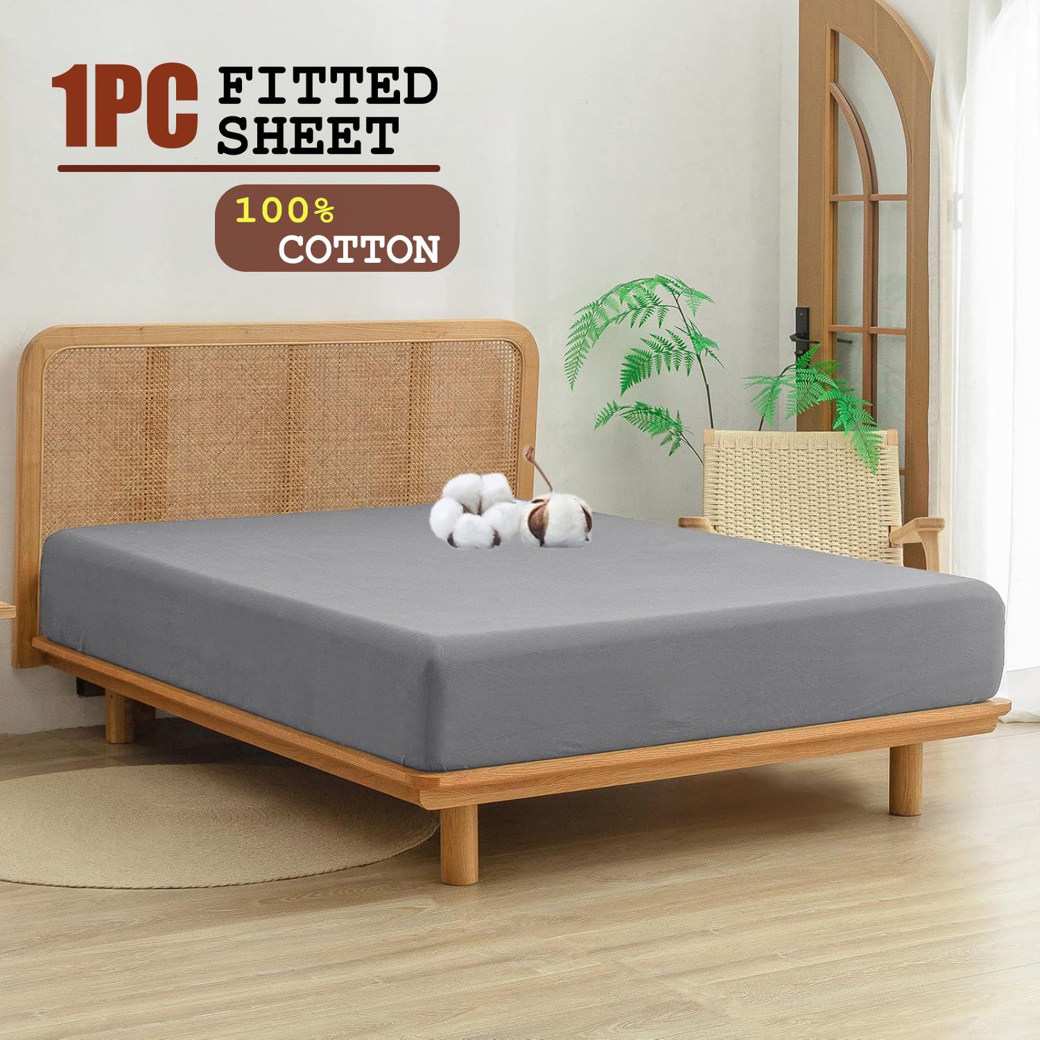 100% Cotton Fitted Sheet - Super Soft 40cm Deep Pocket Bottom Sheets - White Elastic Sheet（King,Grey)