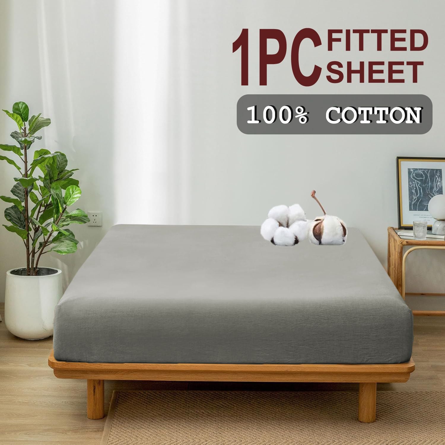 100% Cotton Fitted Sheet - Super Soft 40cm Deep Pocket Bottom Sheets - White Elastic Sheet（King,Grey)