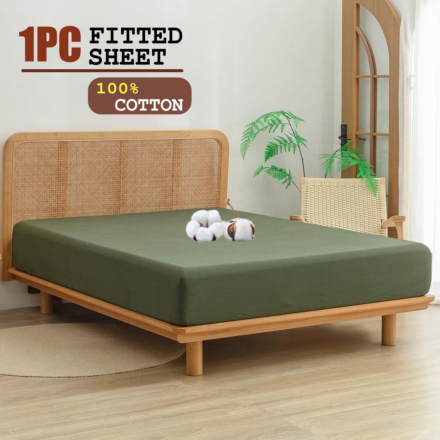100% Cotton Fitted Sheet - Super Soft 40cm Deep Pocket Bottom Sheets - White Elastic Sheet（King,Olive green)