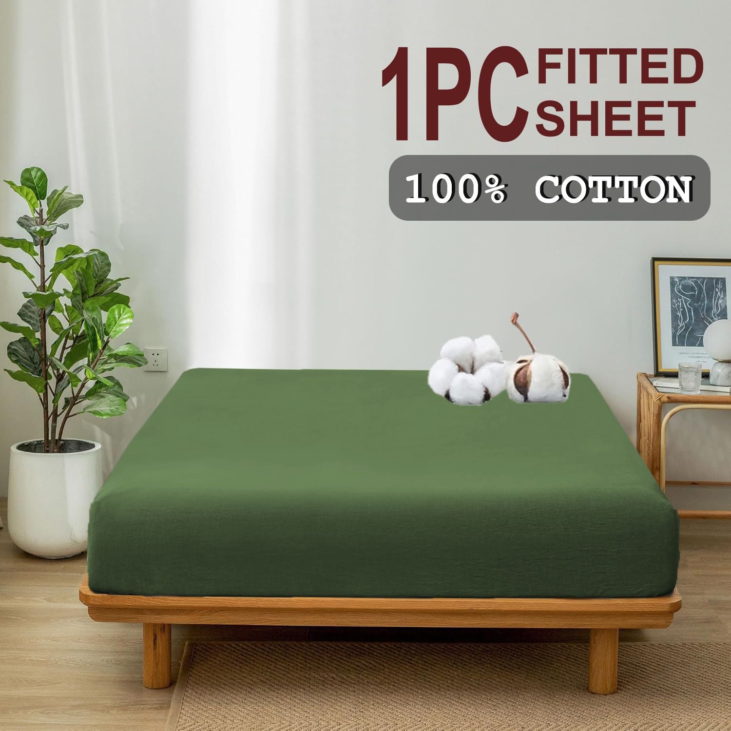 100% Cotton Fitted Sheet - Super Soft 40cm Deep Pocket Bottom Sheets - White Elastic Sheet（King Single,Olive green)