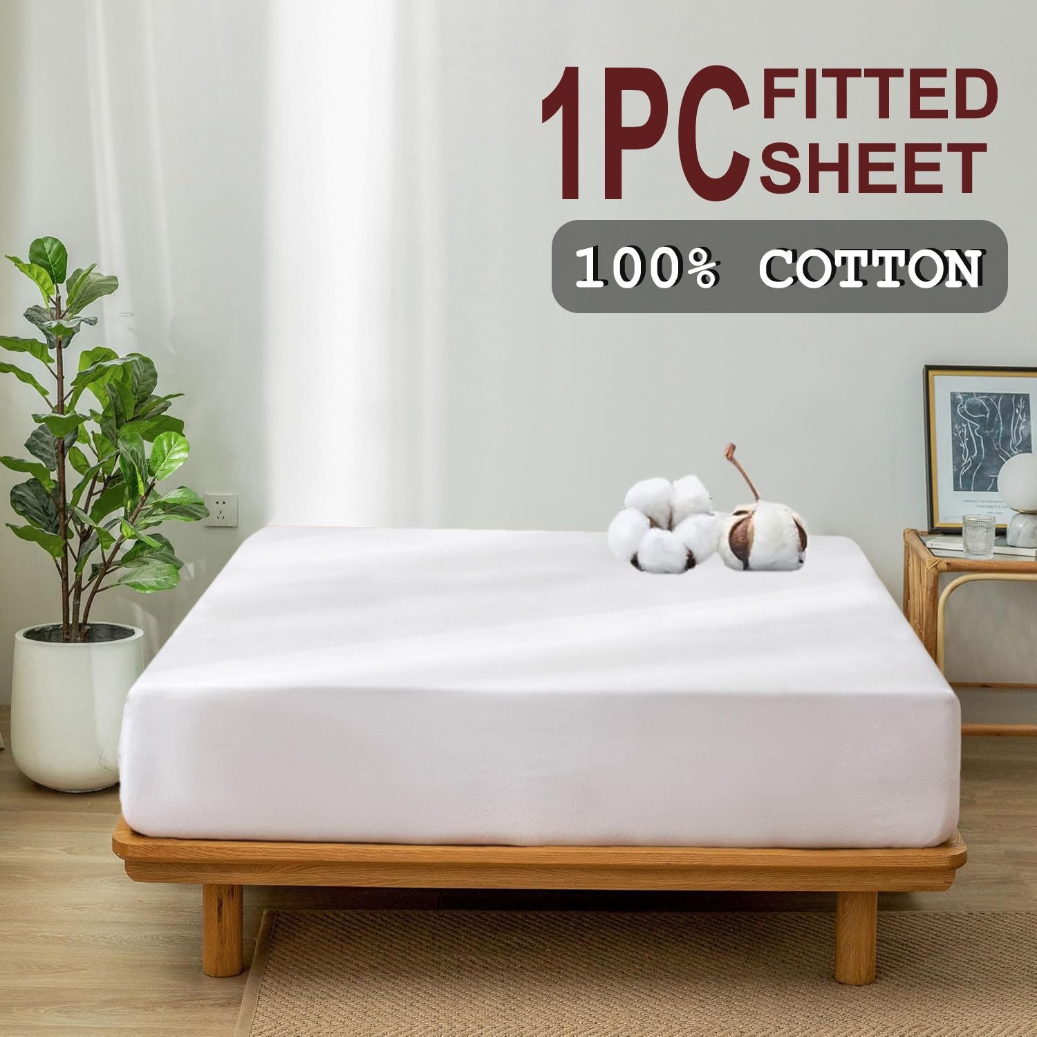 100% Cotton Fitted Sheet - Super Soft 40cm Deep Pocket Bottom Sheets - White Elastic Sheet（Queen,White)