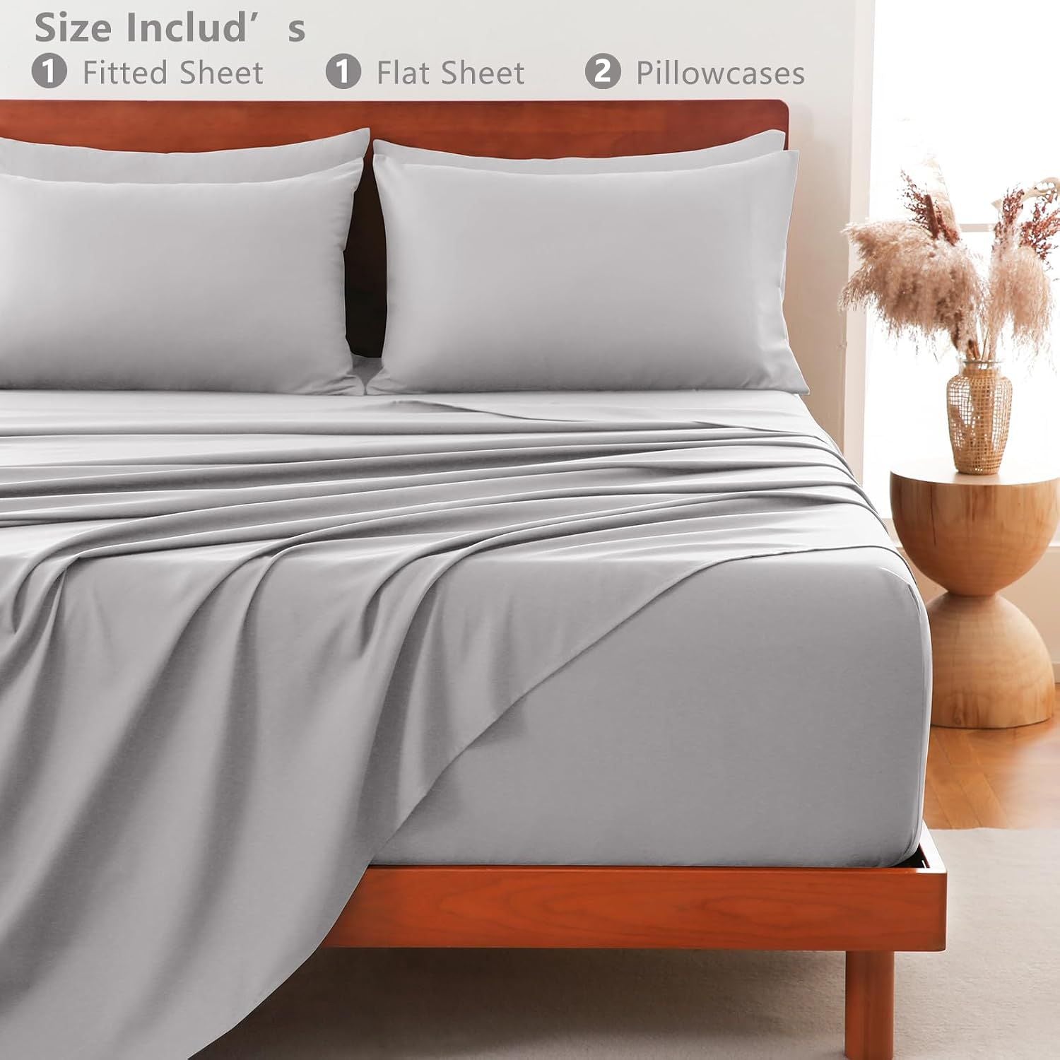 Hotel Soft Bed Sheet Set- Bedding Sheets & Pillowcases -Breathable Bedding - Wrinkle, Fade, Stain Resistant-Deep Pocket Flat Fitted Bed Sheet Set(Silver-gray,Double)