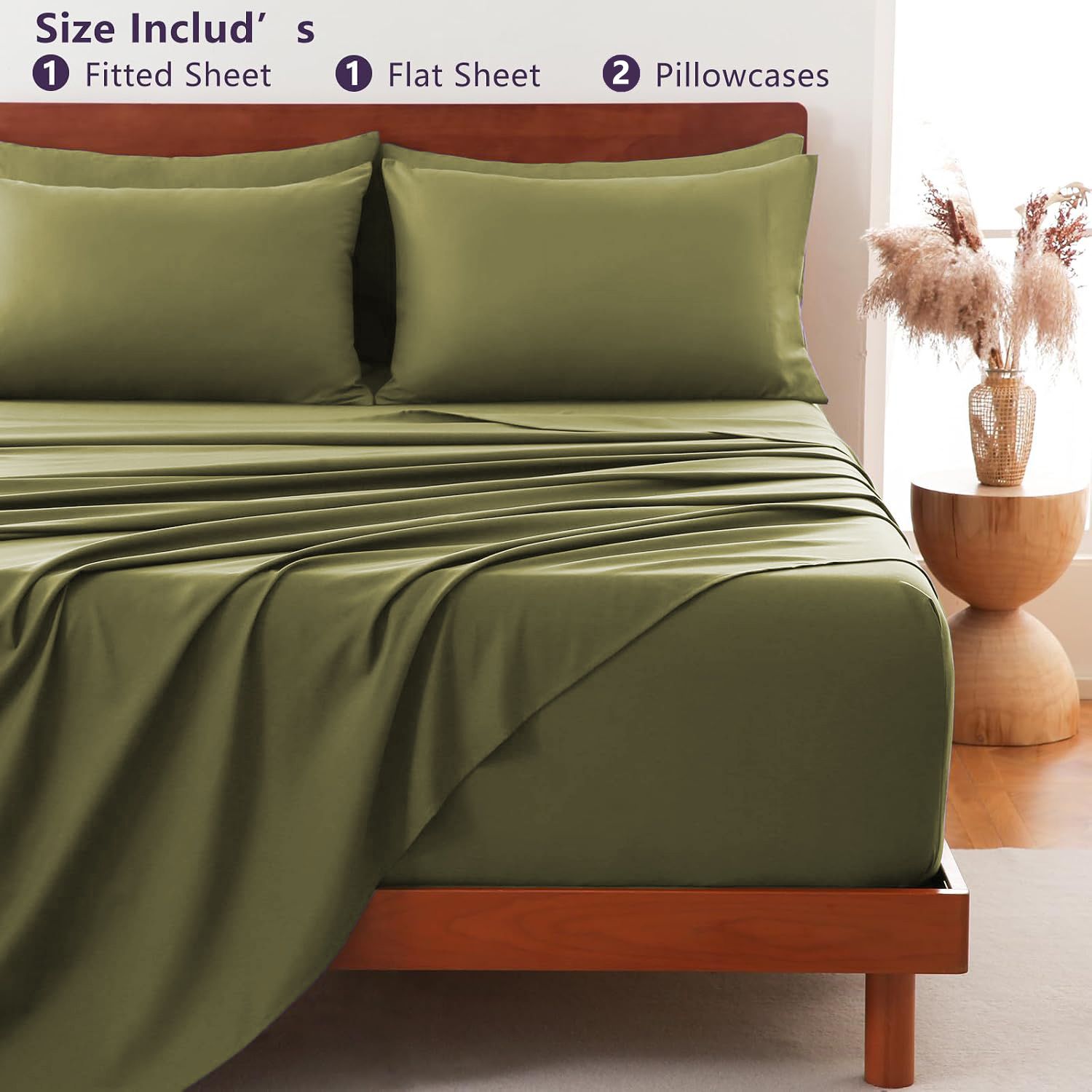 Hotel Soft Bed Sheet Set- Bedding Sheets & Pillowcases -Breathable Bedding - Wrinkle, Fade, Stain Resistant-Deep Pocket Flat Fitted Bed Sheet Set(Olive green,Queen)