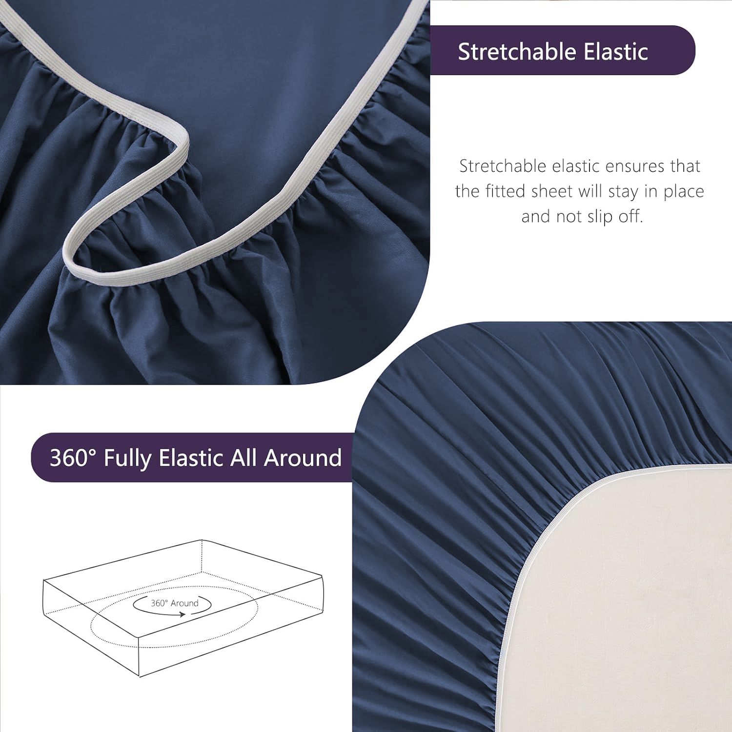 Hotel Soft Bed Sheet Set- Bedding Sheets & Pillowcases -Breathable Bedding - Wrinkle, Fade, Stain Resistant-Deep Pocket Flat Fitted Bed Sheet Set(Navy,Queen)