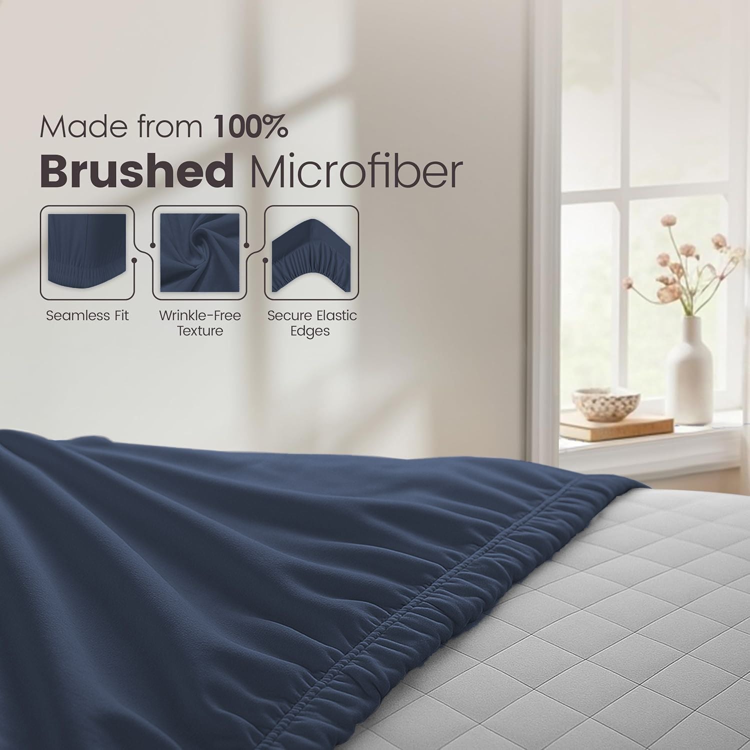 Hotel Quality Fitted Sheet - 1 Piece Fitted Sheet  -Breathable Bedding - Wrinkle, Fade, Stain Resistant- 16inch/40cm Deep Pocket Fitted Bed Sheet-Wrinkle and Fade Resistant,(Navy,Single)