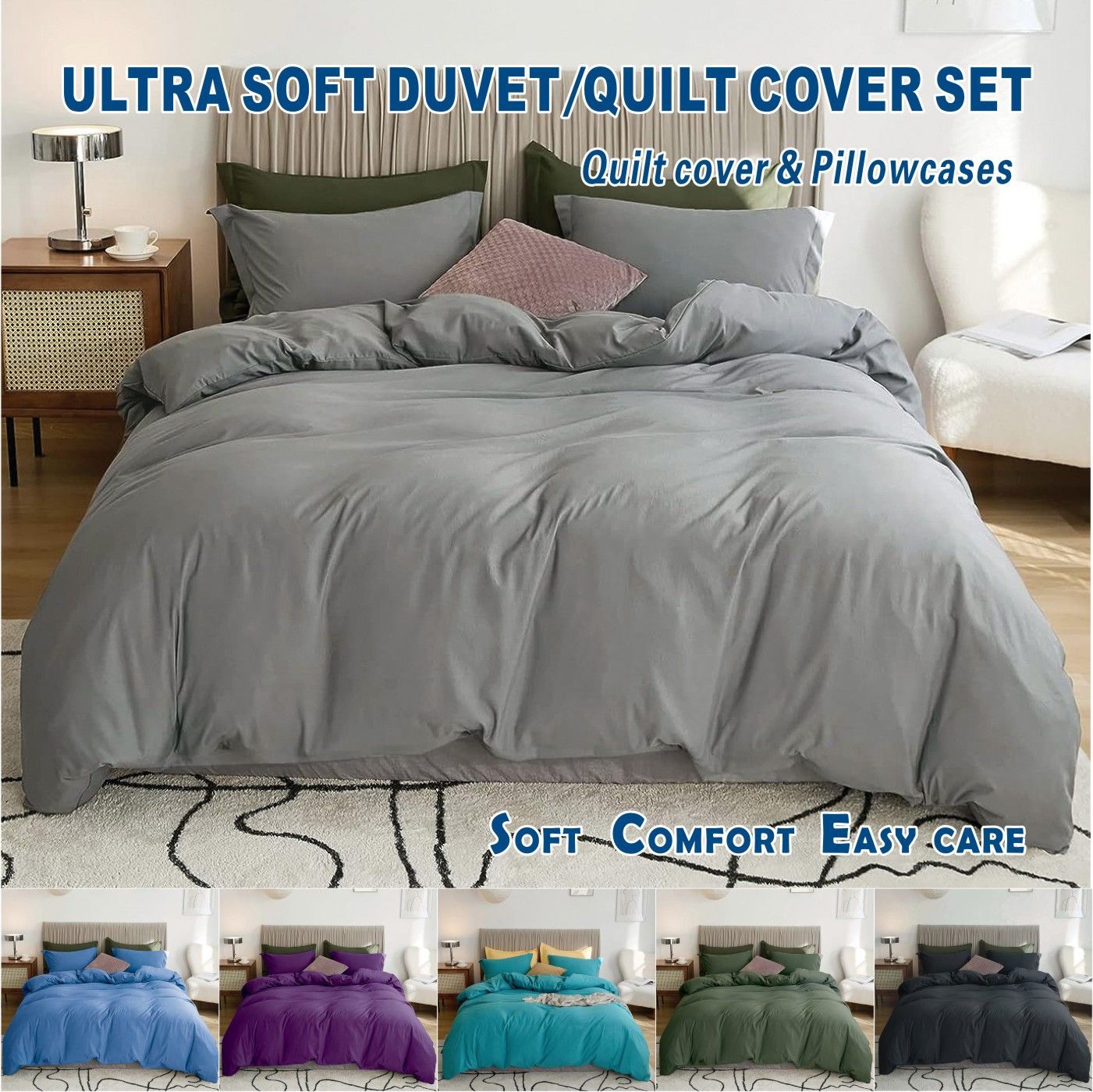 3 Piece Hotel Soft Microfiber Quilt Cover Set-2000TC Duvet/Donna Cover Set & Pillowcases -1 Quilt Cover Zipper Closure & 1 x Pillowcases-Breathable Bedding - Wrinkle, Fade, Stain Resistant(Grey,Double)