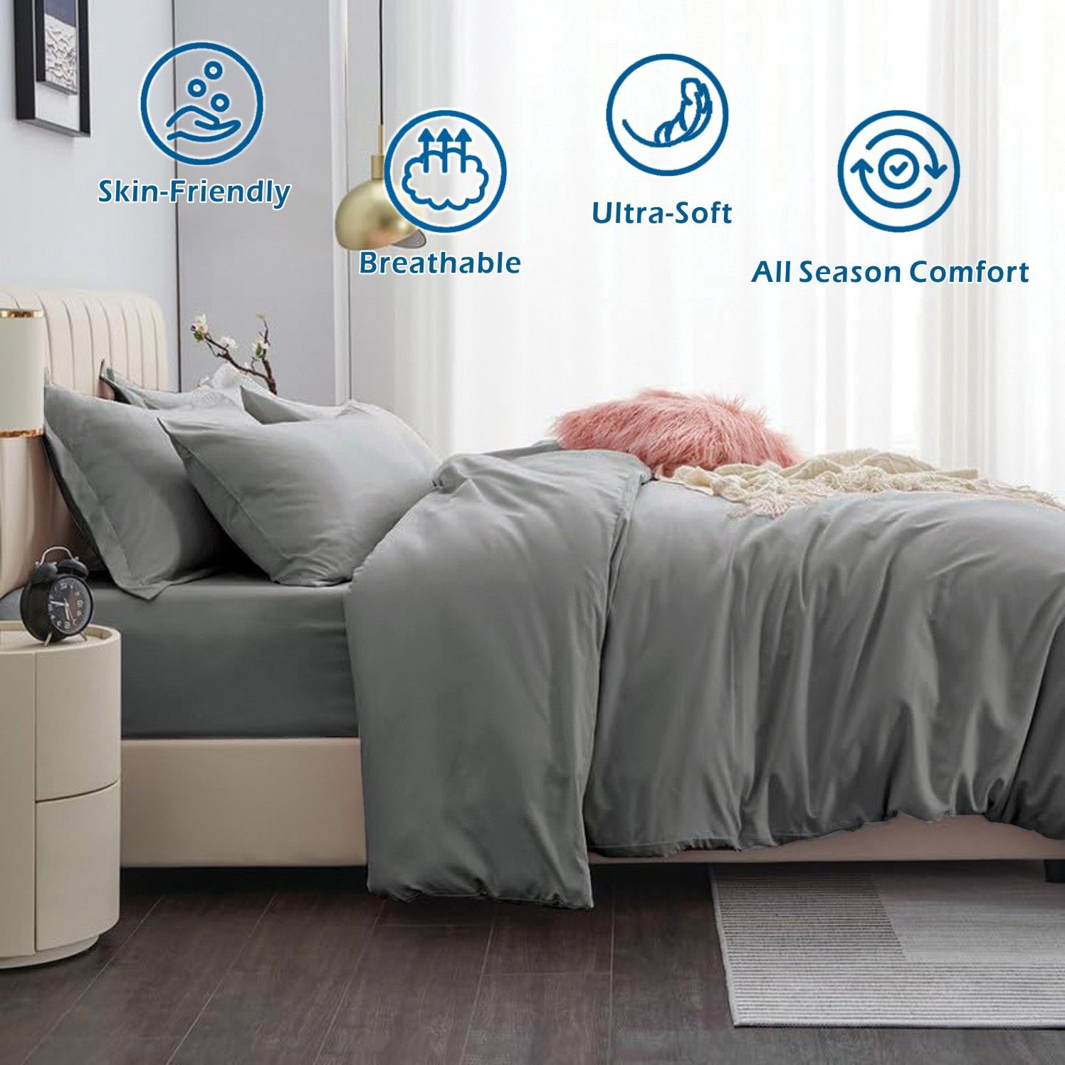 3 Piece Hotel Soft Microfiber Quilt Cover Set-2000TC Duvet/Donna Cover Set & Pillowcases -1 Quilt Cover Zipper Closure & 1 x Pillowcases-Breathable Bedding - Wrinkle, Fade, Stain Resistant(Grey,Double)