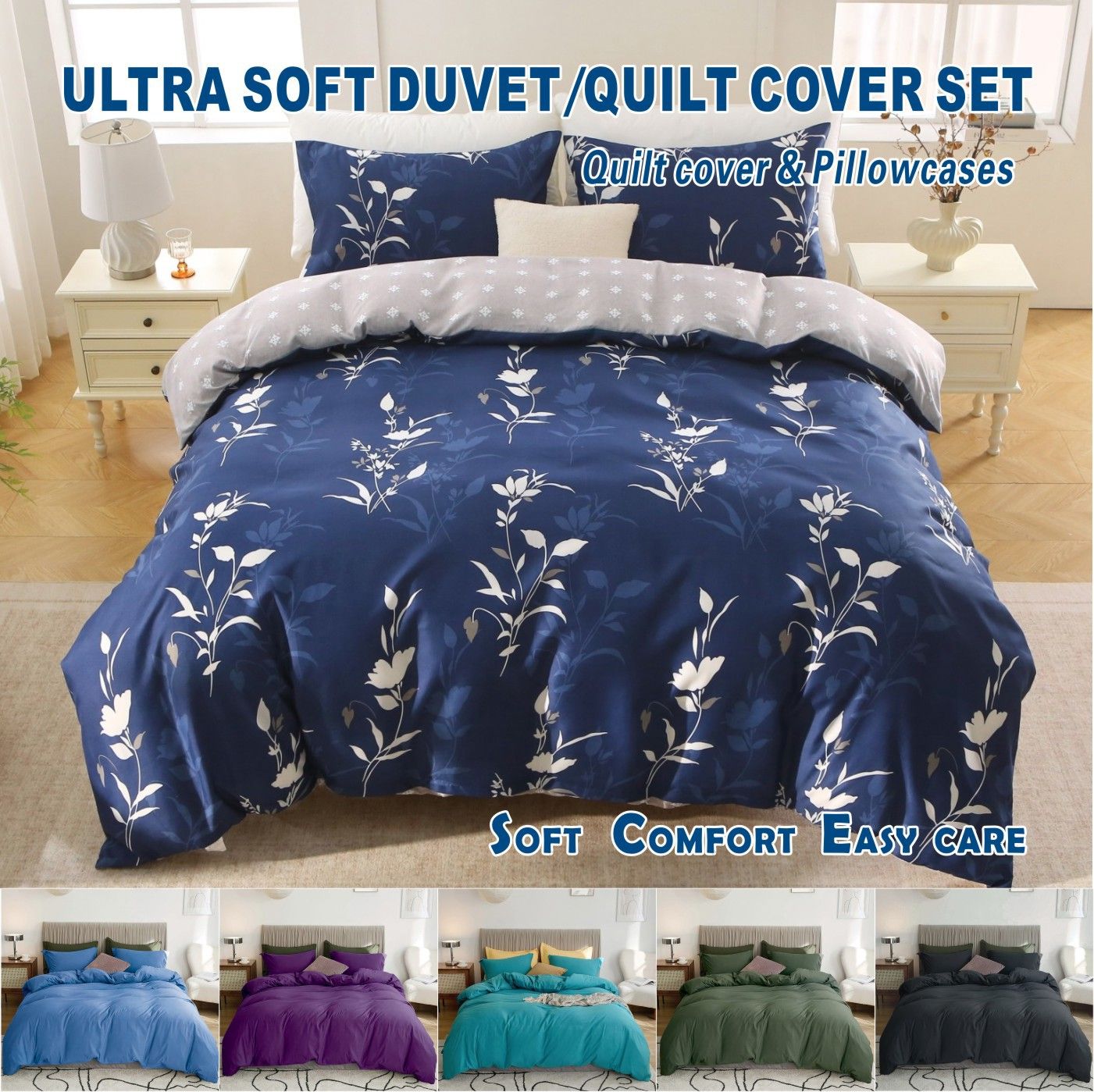 3 Piece Hotel Soft Microfiber Quilt Cover Set-2000TC Duvet/Donna Cover Set & Pillowcases -1 Quilt Cover Zipper Closure & 1 x Pillowcases-Breathable Bedding - Wrinkle, Fade, Stain Resistant(Navy Floral,Double)