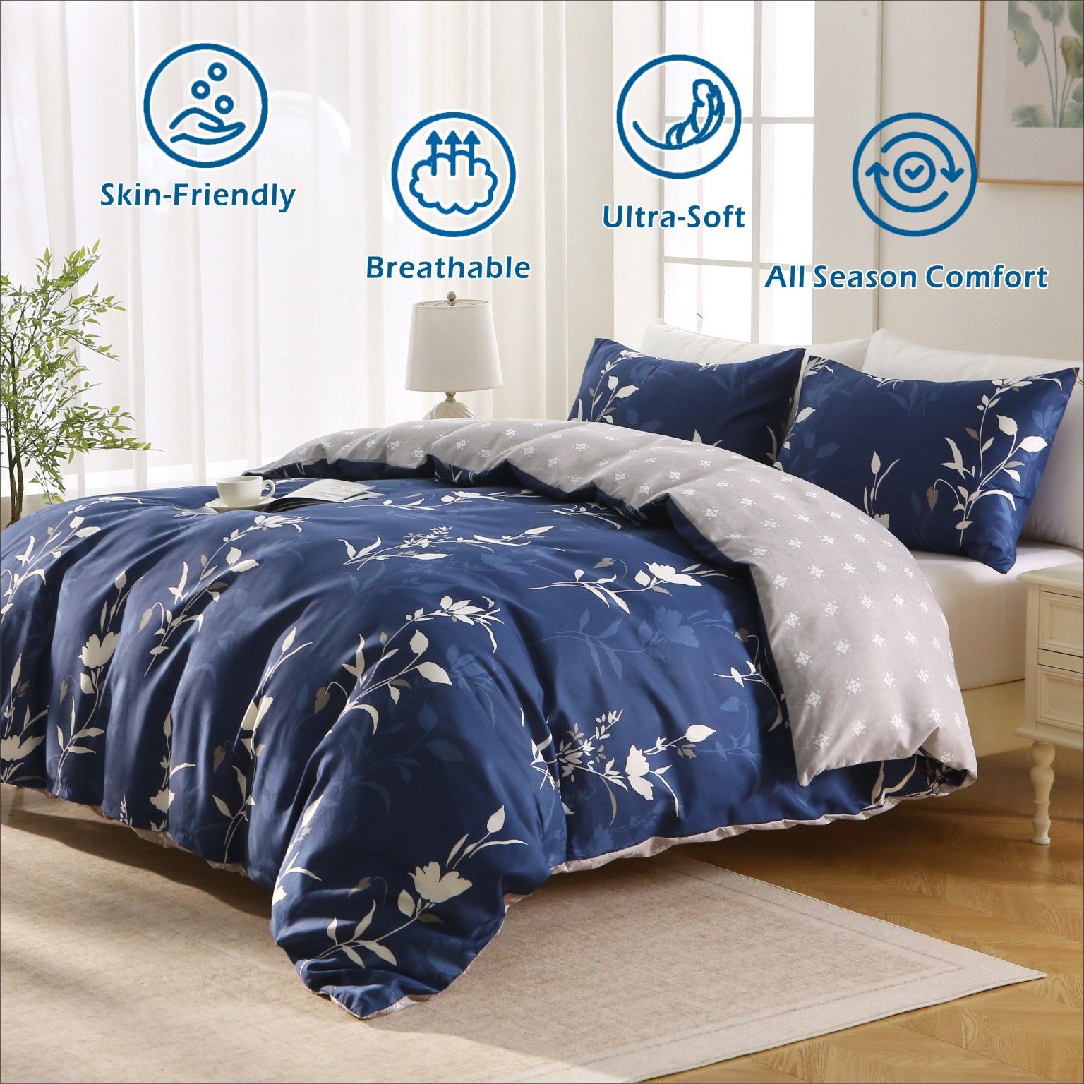 3 Piece Hotel Soft Microfiber Quilt Cover Set-2000TC Duvet/Donna Cover Set & Pillowcases -1 Quilt Cover Zipper Closure & 1 x Pillowcases-Breathable Bedding - Wrinkle, Fade, Stain Resistant(Navy Floral,Double)