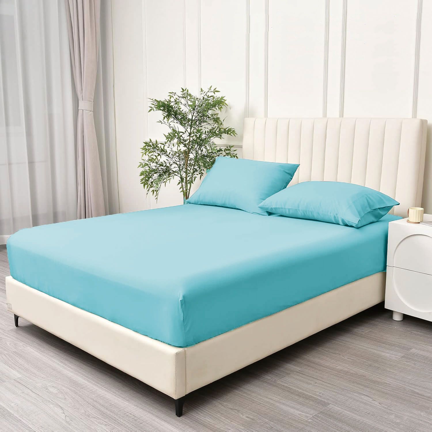3 Piece Fitted Sheet Set- Fitted Sheet & Pillowcases -Breathable Bedding - Wrinkle, Fade, Stain Resistant- 40cm Deep Pocket Fitted Bed Sheet Set(Ice blue,Double)