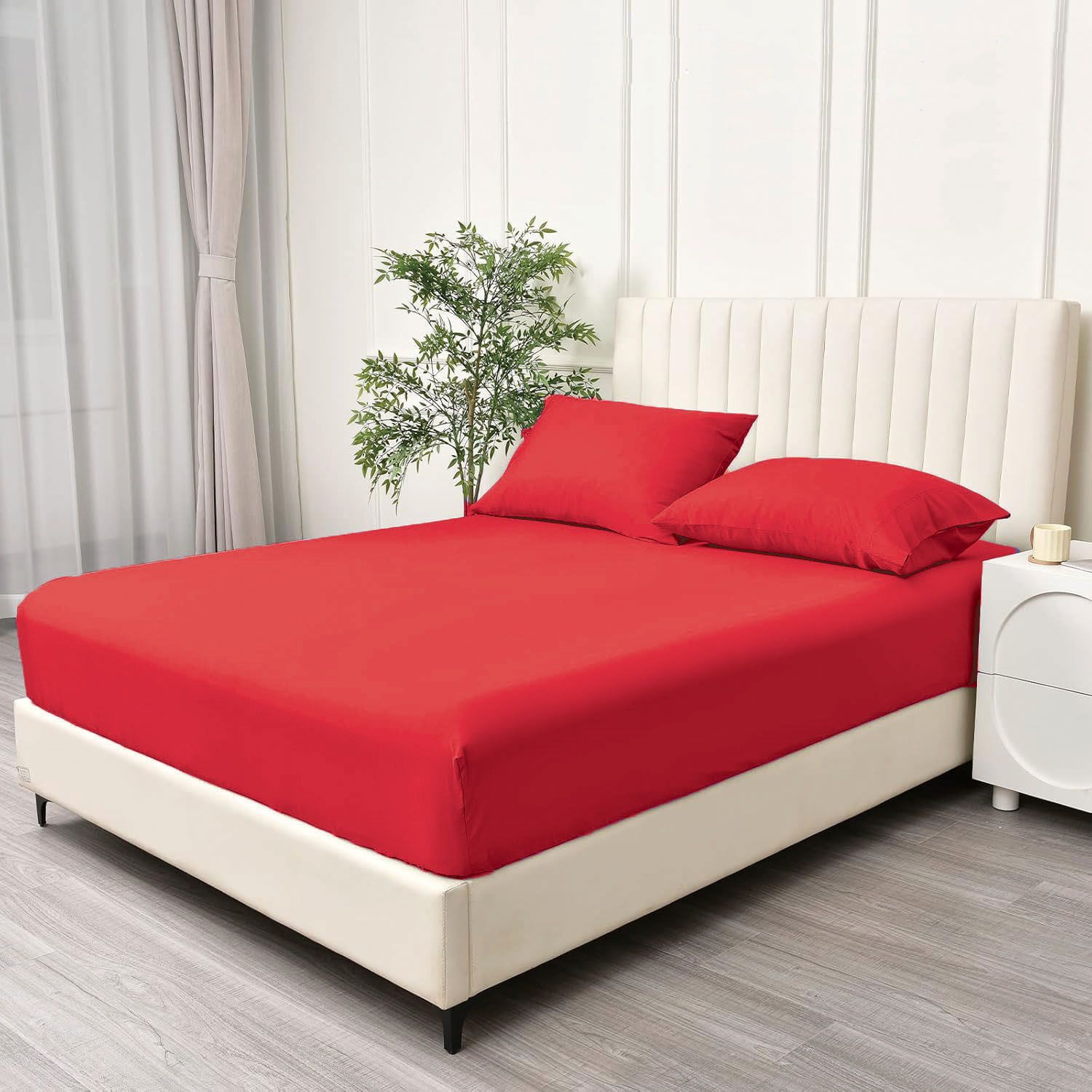 3 Piece Fitted Sheet Set- Fitted Sheet & Pillowcases -Breathable Bedding - Wrinkle, Fade, Stain Resistant- 40cm Deep Pocket Fitted Bed Sheet Set(Red,Double)