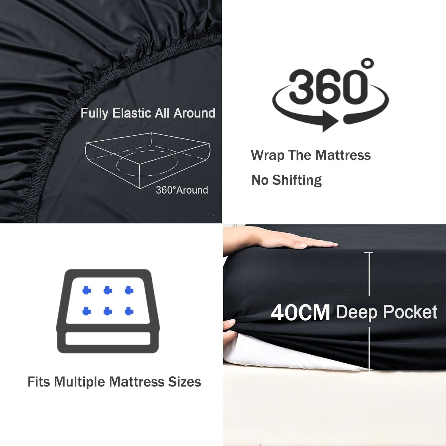 3 Piece Fitted Sheet Set- Fitted Sheet & Pillowcases -Breathable Bedding - Wrinkle, Fade, Stain Resistant- 40cm Deep Pocket Fitted Bed Sheet Set(Black,Double)