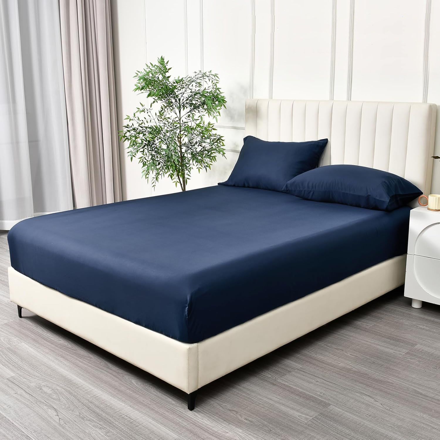 3 Piece Fitted Sheet Set- Fitted Sheet & Pillowcases -Breathable Bedding - Wrinkle, Fade, Stain Resistant- 40cm Deep Pocket Fitted Bed Sheet Set(Navy,Double)