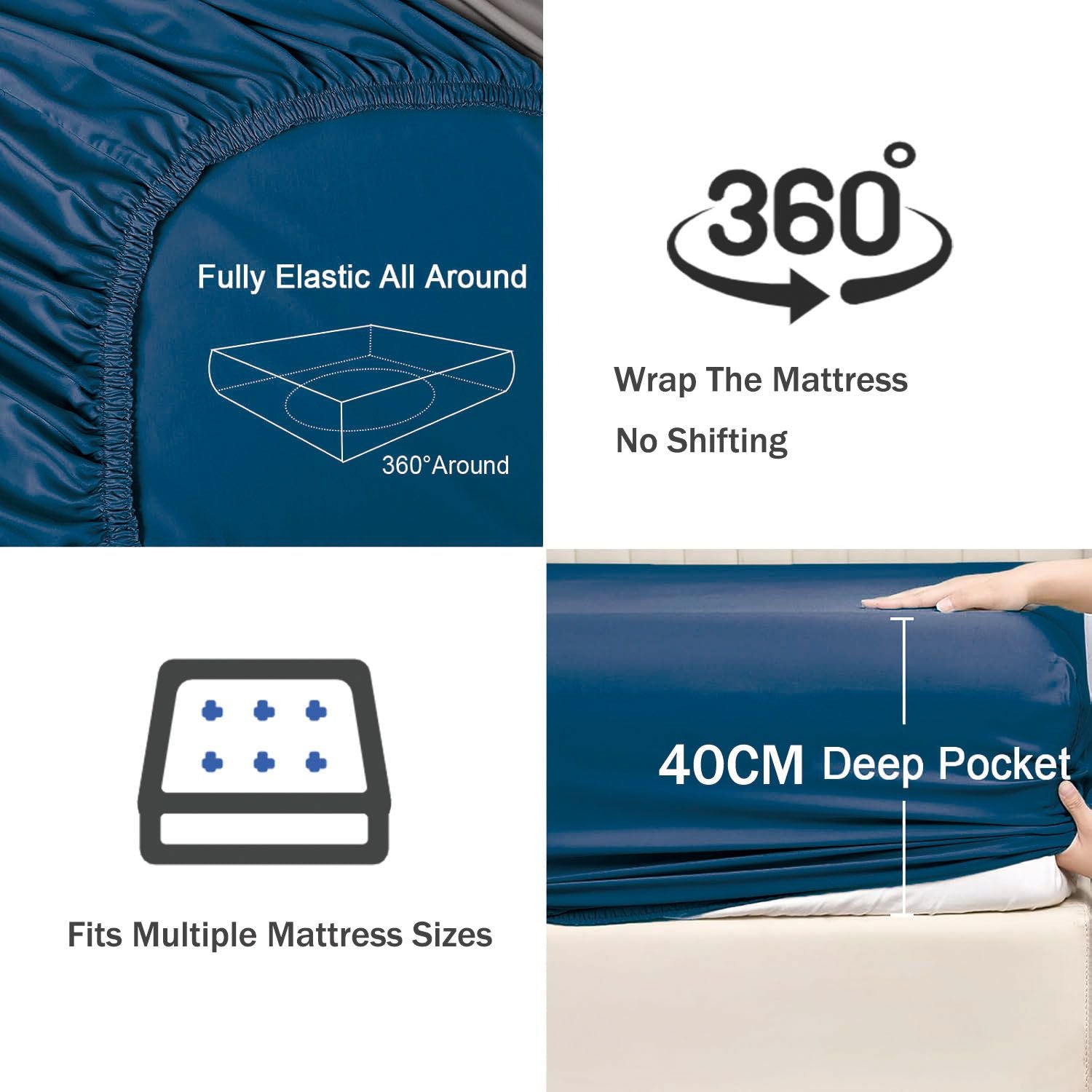 3 Piece Fitted Sheet Set- Fitted Sheet & Pillowcases -Breathable Bedding - Wrinkle, Fade, Stain Resistant- 40cm Deep Pocket Fitted Bed Sheet Set(Navy,Double)